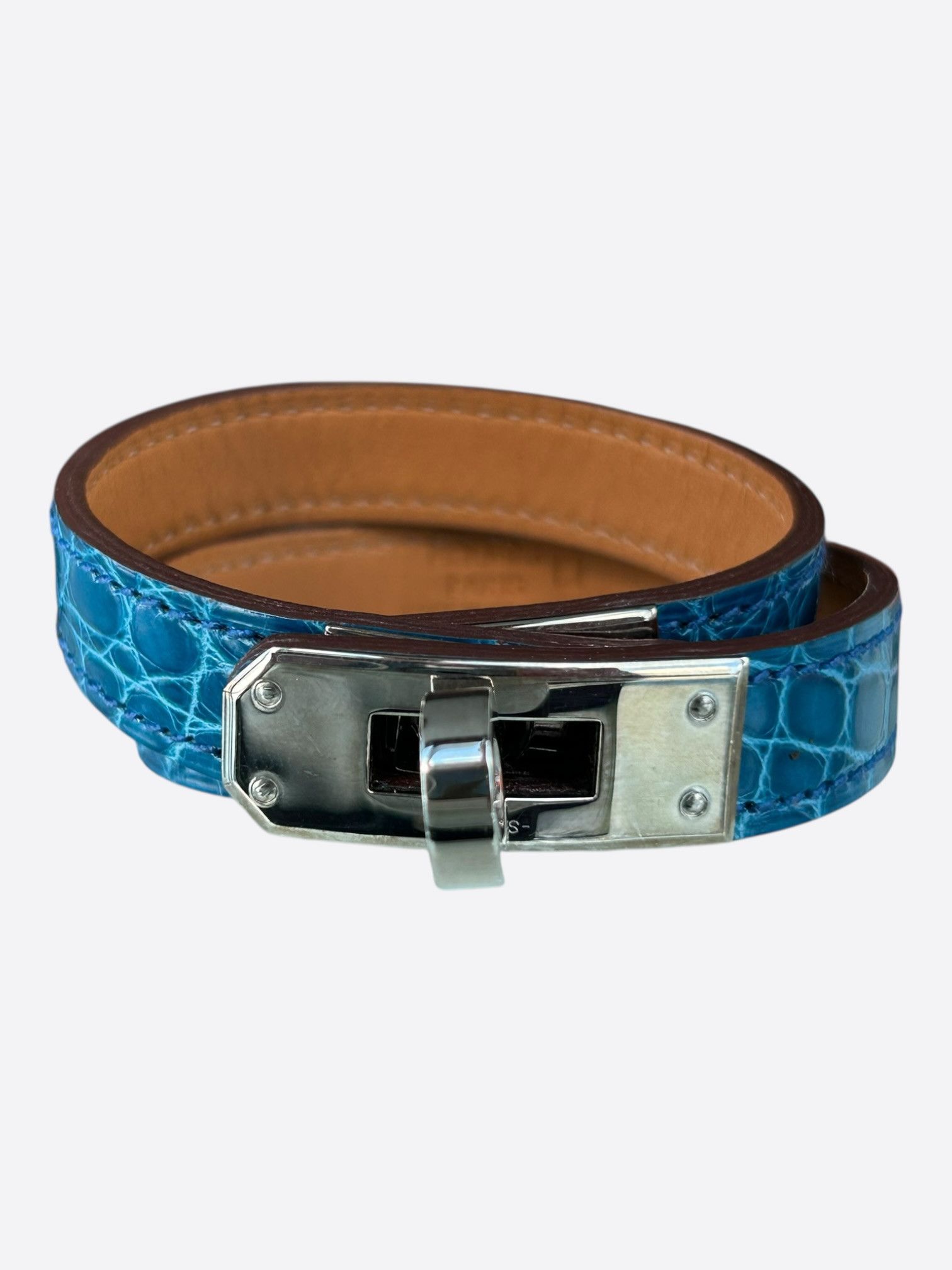 Hermes Blue Crocodile & Gold Hardware Kelly Double Tour Bracelet Size ONE SIZE - 1 Thumbnail
