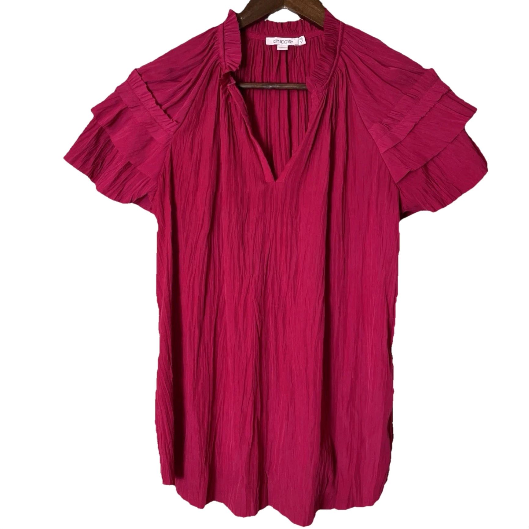 Vintage Chico's Blouse Shirt V-Neck Short Sleeve Flutter Sleeve Pleated Ruffle Polyester Red Pink 6 Regular Women Adjustable Packable All Seasons Size M / US 6-8 / IT 42-44 - 2 Thumbnail