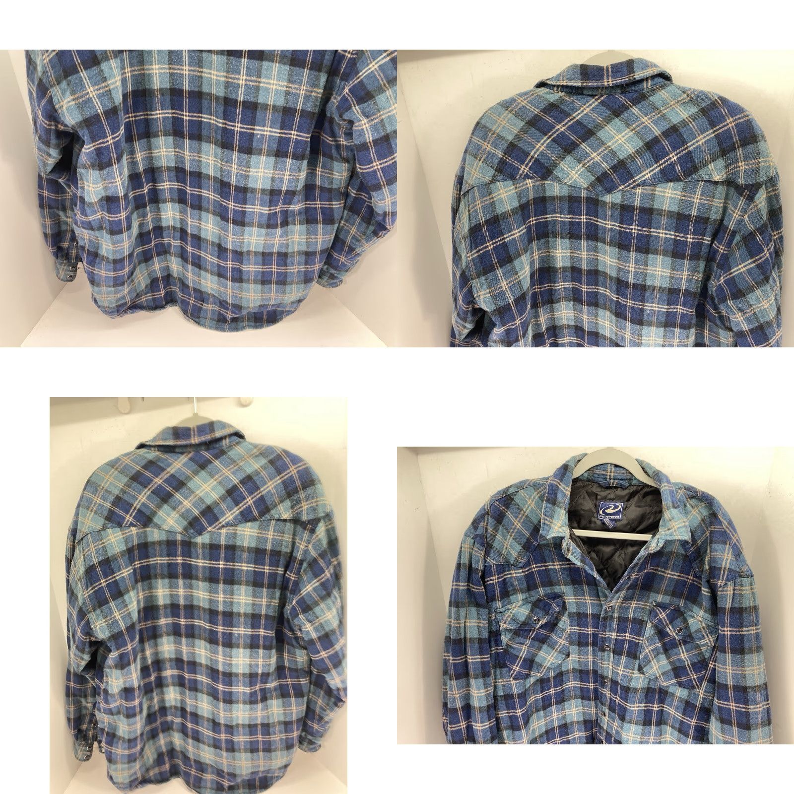 Roper VINTAGE Roper Plaid Flannel Shirt Jacket Pearl Snap Shacket Men L Blue Quilted Rodeo Shirt Man Large Blue Plaid Rodeo Size US L / EU 52-54 / 3 - 8 Thumbnail