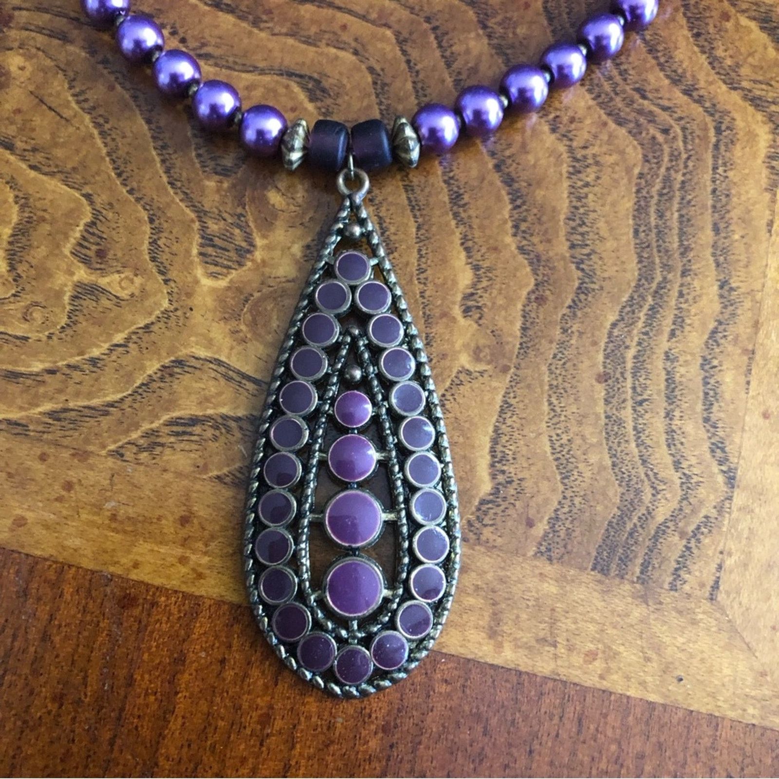 Handmade Handcrafted repurpose purple enamel raindrop Pearl necklace Size ONE SIZE - 10 Thumbnail
