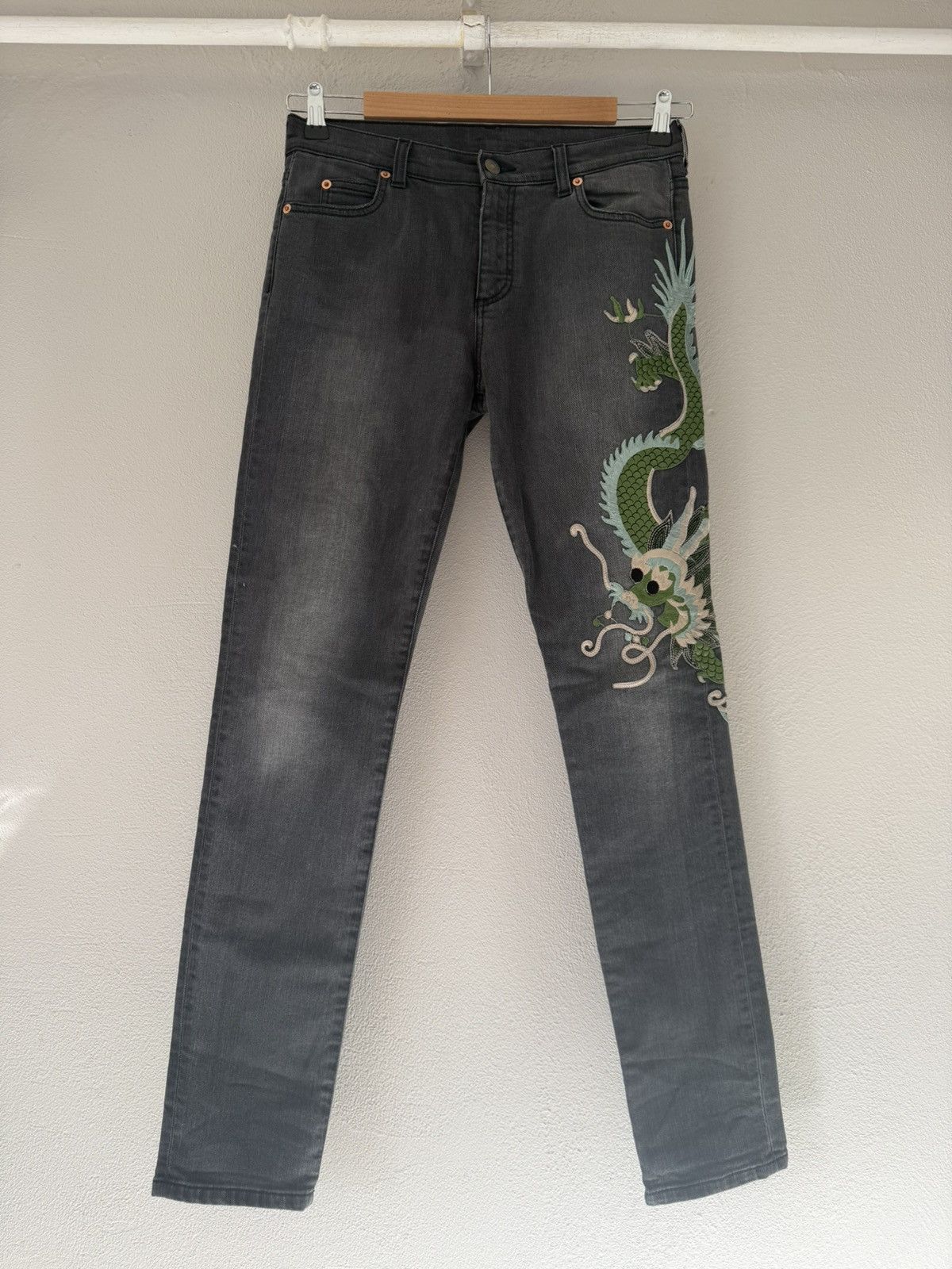Gucci Slim Grey Jeans with Dragon Embroidery Size US 29 - 2 Thumbnail