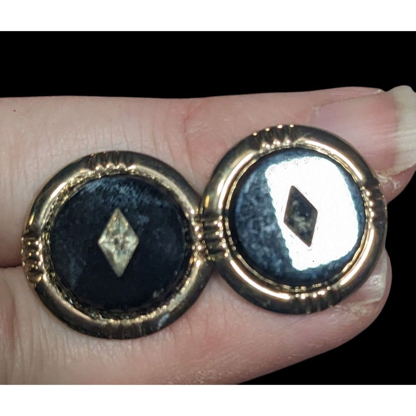 Other Vintage Black And Silver Tone Cuff Links With Clear Gem Inla Size ONE SIZE - 3 Thumbnail