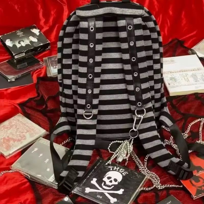 Other Gothic Punk Striped Zipper Capacity School College Backpack Size ONE SIZE - 5 Thumbnail