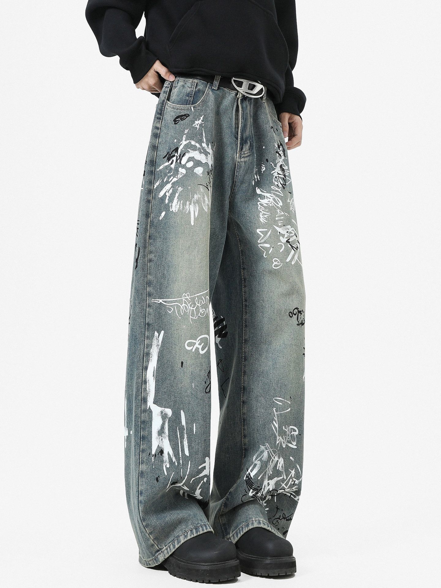 Jean High Street Men's Straight Leg Graffiti Casual Curved Jeans Size US 32 / EU 48 - 3 Thumbnail