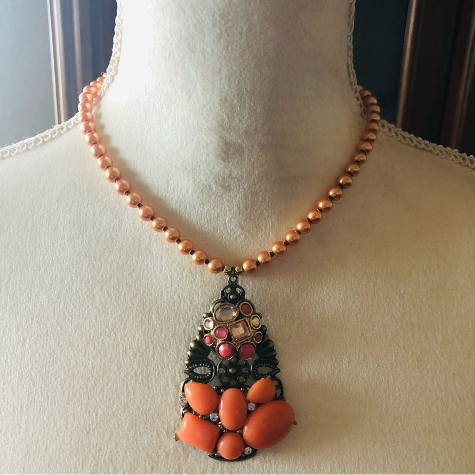 Handmade Handcrafted repurpose stone covered filigree Pearl necklace Size ONE SIZE - 2 Thumbnail