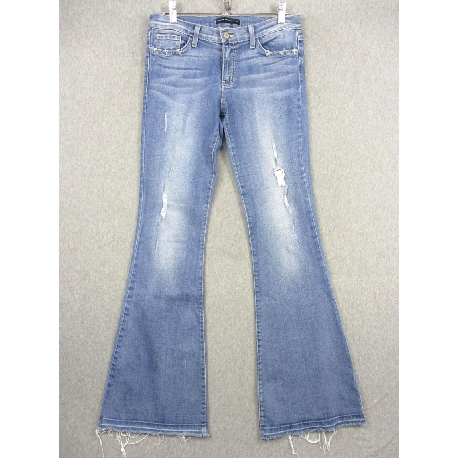 Vintage Flying Monkey Jeans Womens 29 Blue Medium Wash Low Rise Flare Distressed Frayed Size 29" - 2 Thumbnail