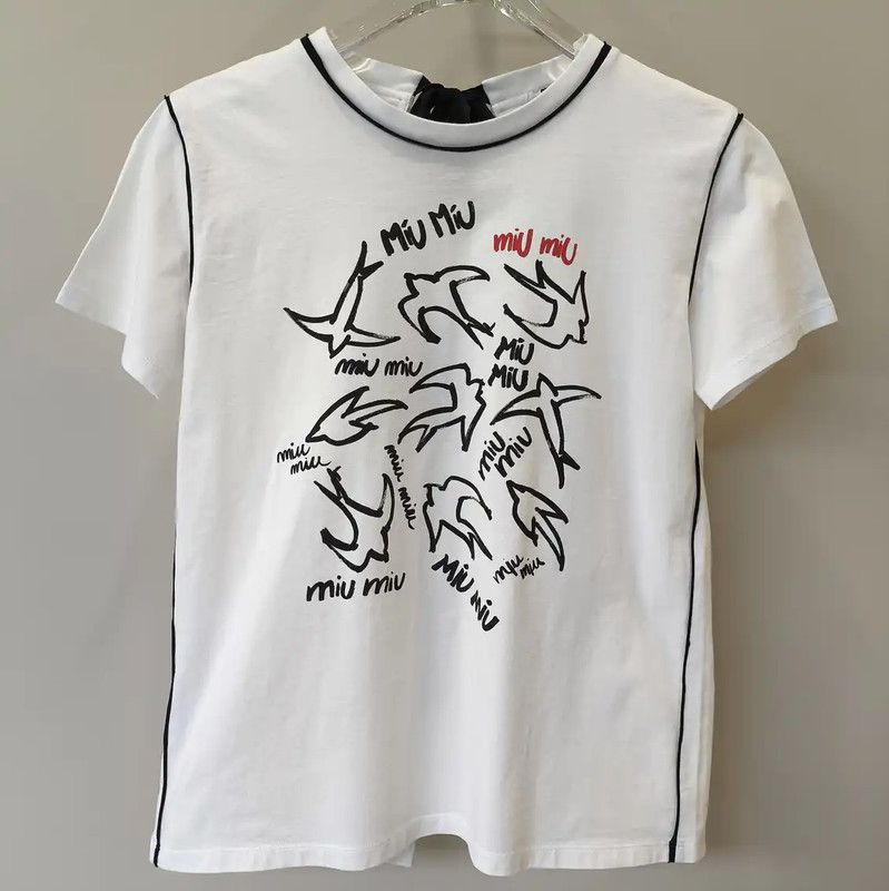 Miu Miu Miu Miu White Cotton T-Shirt with Graphic Print 0089 Size L / US 10 / IT 46 - 1 Thumbnail