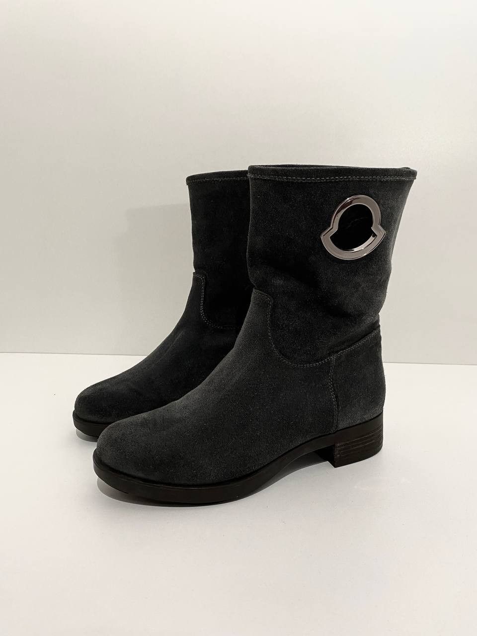 Moncler Big Metal Logo Suede Khaki Ankle Boots Shoes in Green, Women's (Size 5)