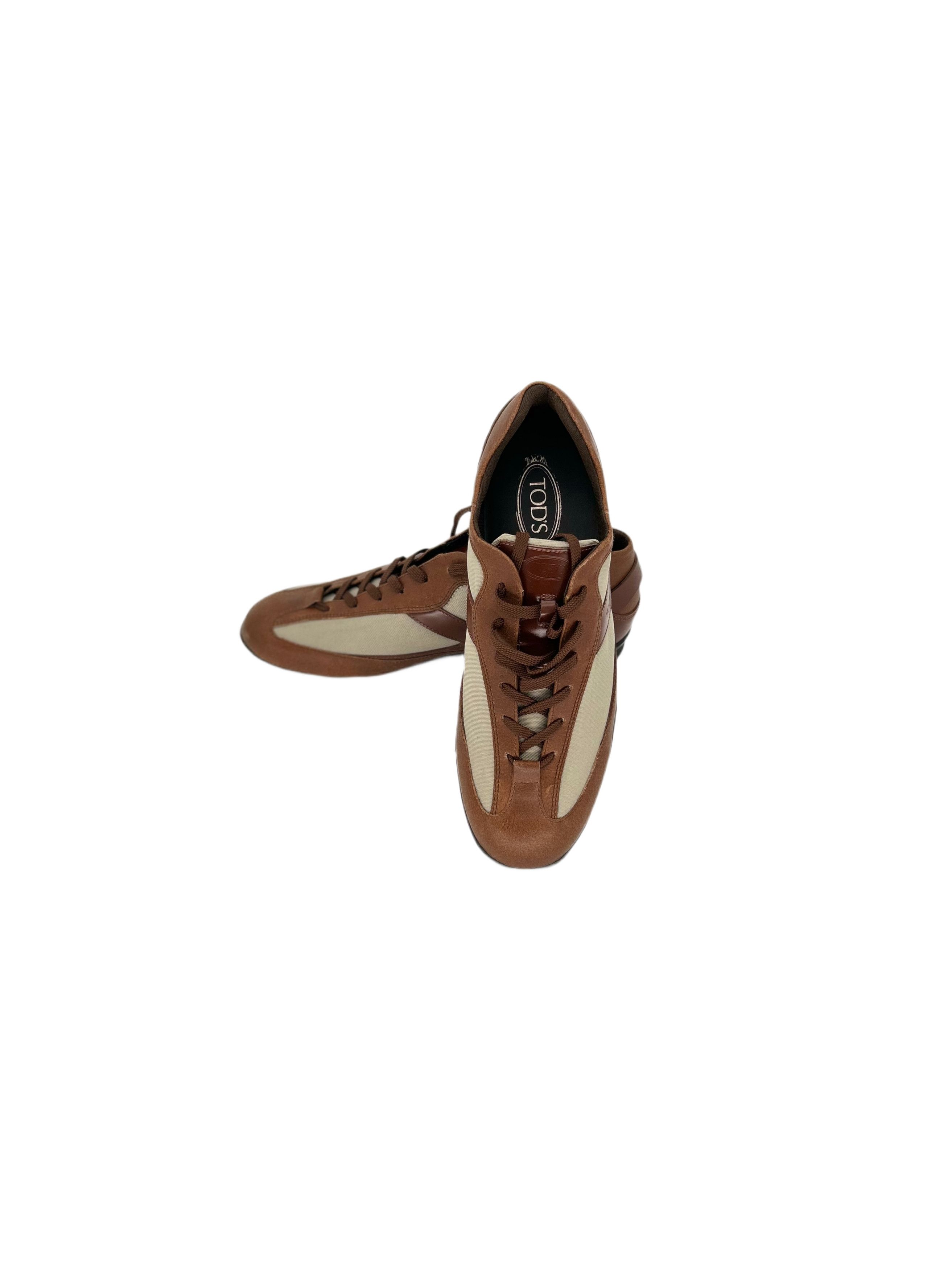 Tod's TODS Brown Leather With Canvas Detail Runner Trainers Size US 6.5 / EU 39-40 - 5 Thumbnail