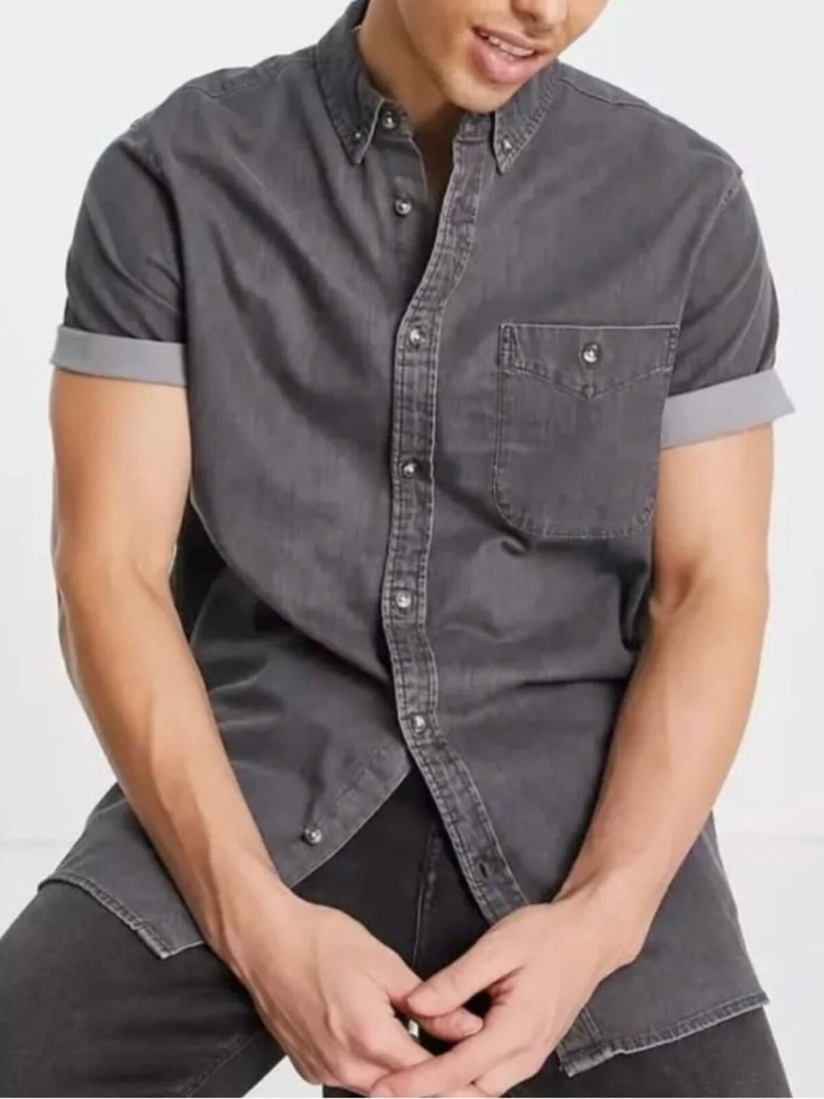 Topman Topman / Button Up Denim Shirt Casual Stretch / Gray Size US M / EU 48-50 / 2 - 1 Thumbnail