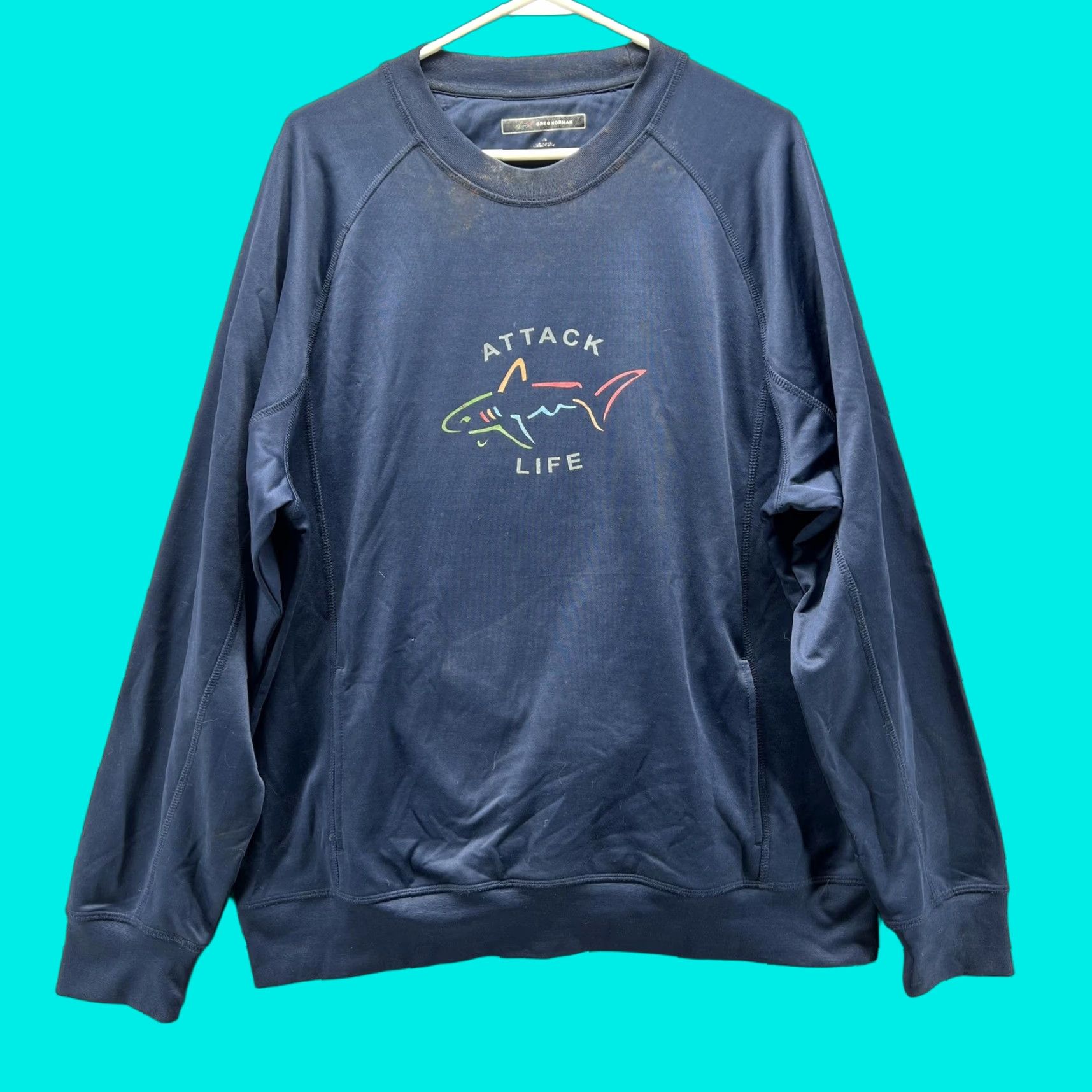 Vintage Greg Norman Sweatshirt Mens L Blue Attack Life Shark Golf Crewneck Pullover Size US L / EU 52-54 / 3 - 1 Thumbnail