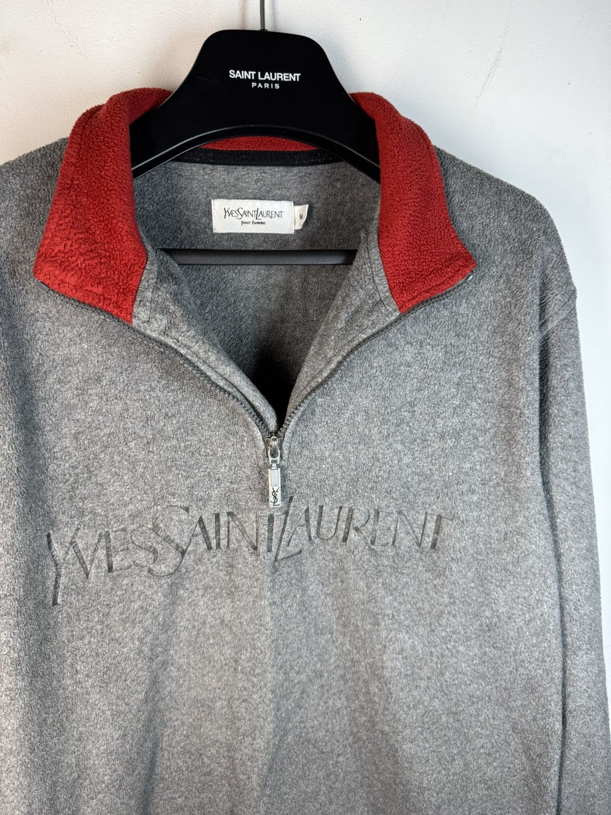 Yves Saint Laurent Fleece YSL Sweatshirt 1/4 Quarter Zip Big Logo Grey Vintage Size US M / EU 48-50 / 2 - 18 Thumbnail