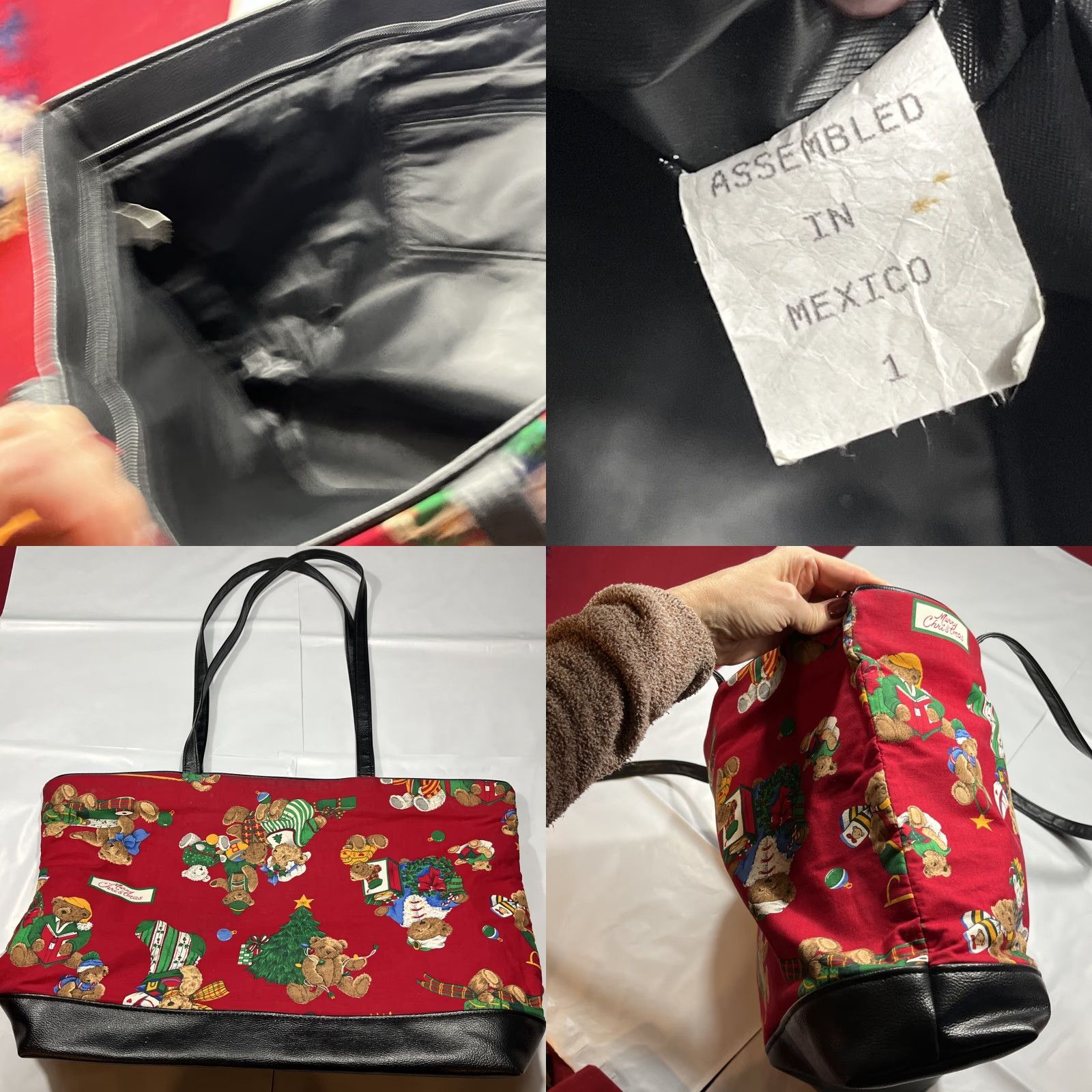 Vintage VINTAGE Unbranded Tote Bag Black Lined Cotton Canvas Christmas Teddy Bears 13”x19” Red Green Tree Santa Size ONE SIZE - 9 Thumbnail