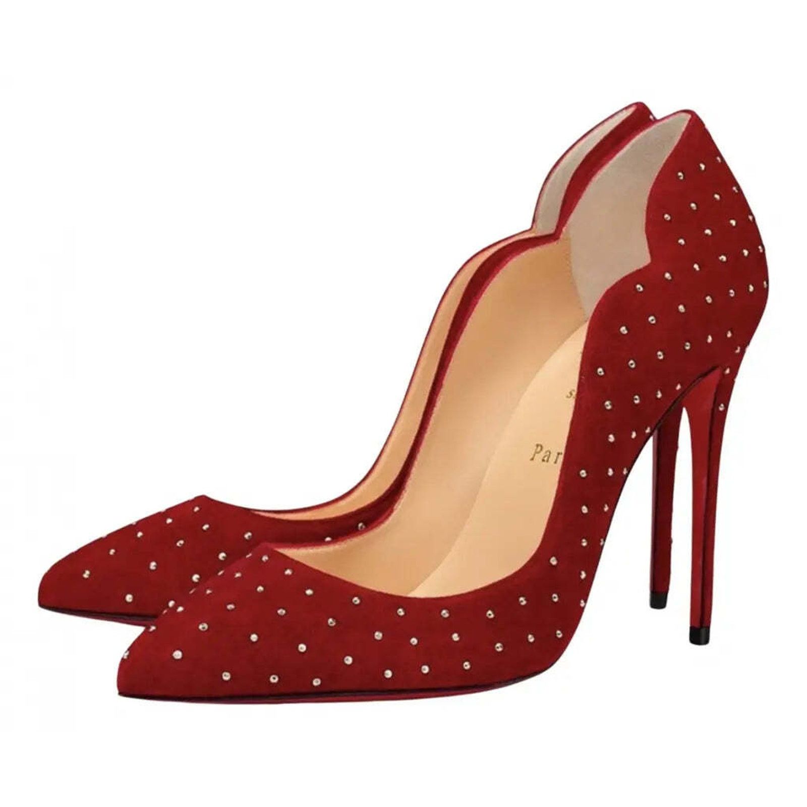 Christian Louboutin Hot Chick Plume 100 Red Carmen Stud Suede Heel Pump 40 Size US 10 / IT 40 - 1 Thumbnail