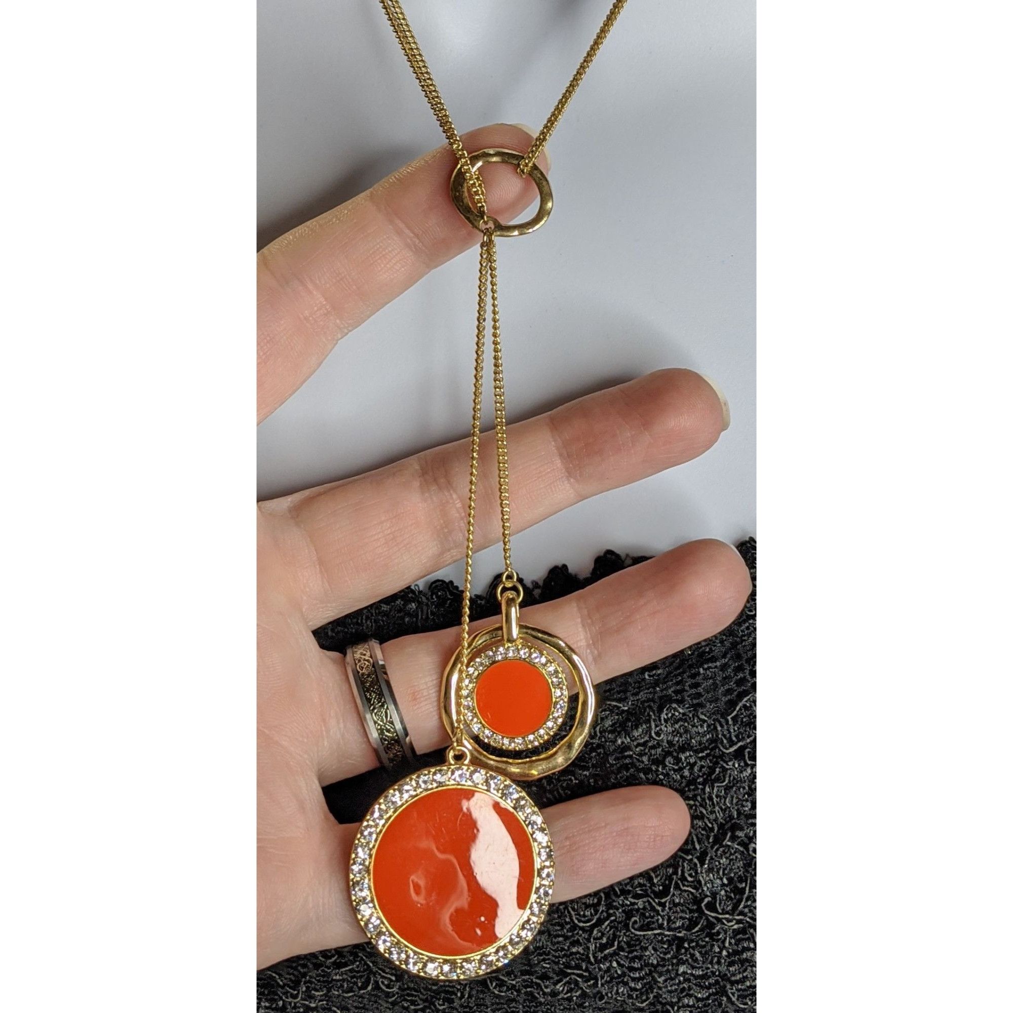 Other Retro Gold-Tone Pendant Necklace With Double Orange Enamel D Size ONE SIZE - 4 Thumbnail