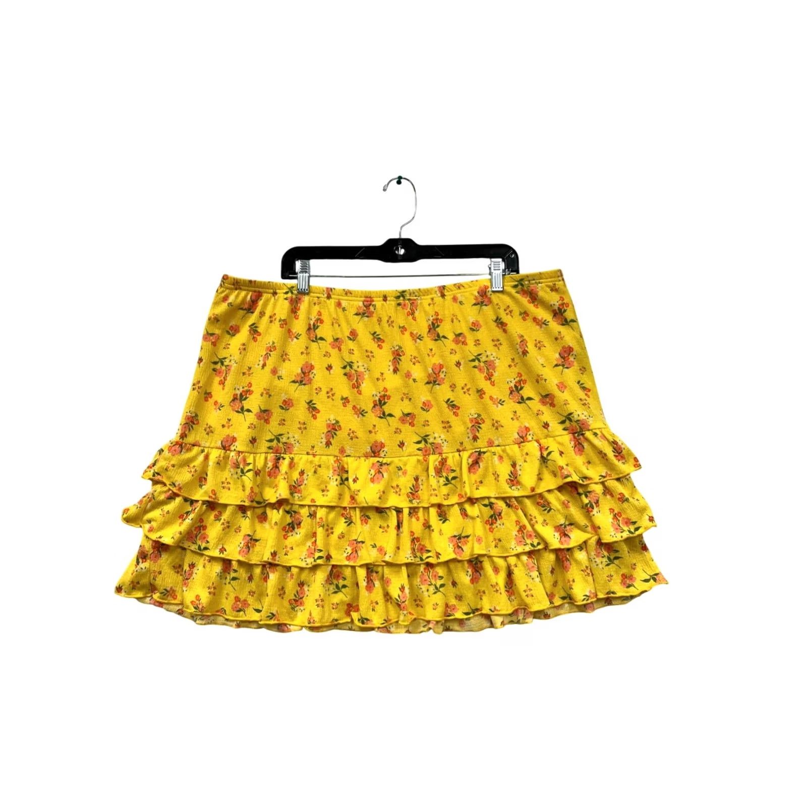 Vintage Joie & Joy Skirt Women 3X Yellow Floral Ruffle Tiered Mini Elastic Waistband Size 40" / US 18 - 2 Thumbnail
