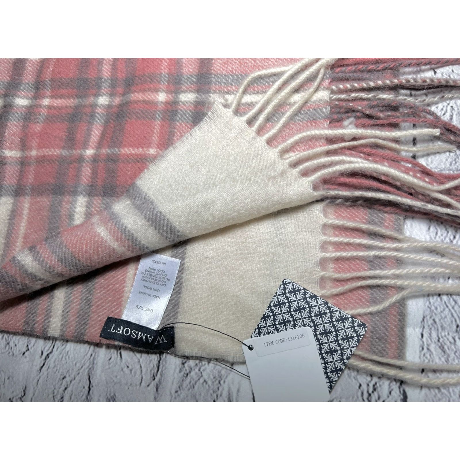 Pinko VINTAGE NWT WAMSOFT Lightweight Wool Scarf Plaid Pink Cream 72” X 12.5” Womens Size ONE SIZE - 5 Thumbnail