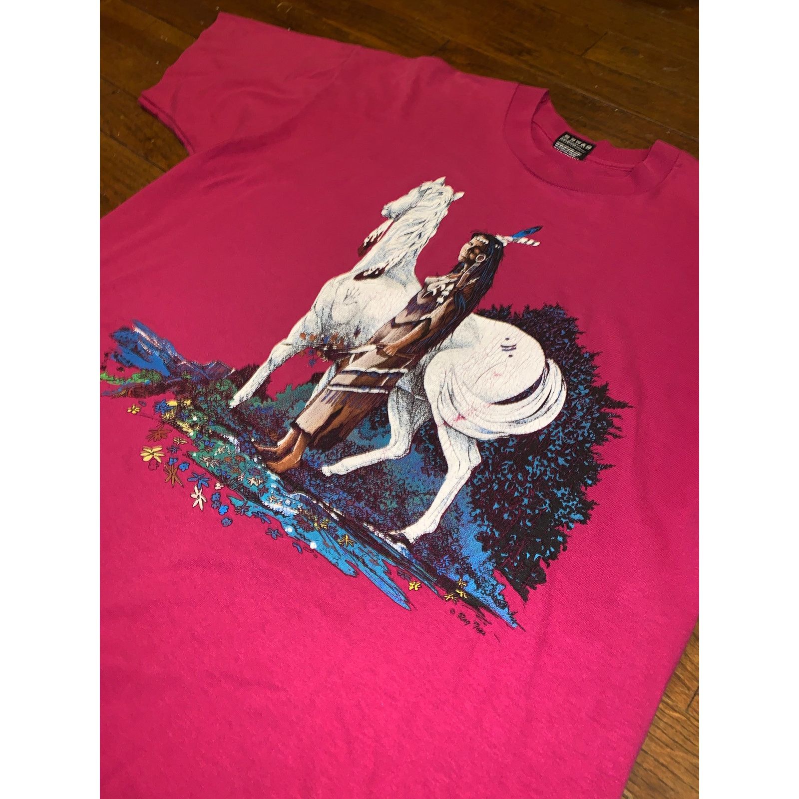 Fruit Of The Loom × Other × Vintage 90s Native American Horse T Shirt Pink Single Stitch L USA Size US XL / EU 56 / 4 - 4 Thumbnail