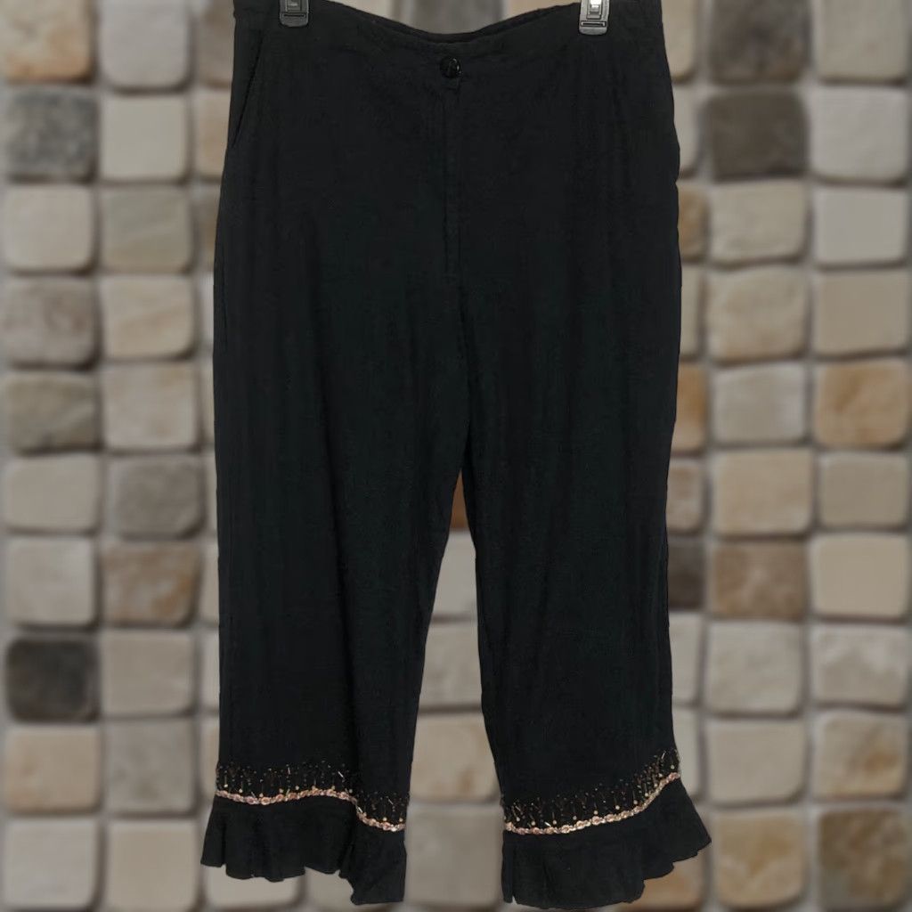 Vintage Hearts Of Palm Pants Cropped 14 Black Beaded High-rise 32"W Linen Rayon Inseam 24" x-? Size 24" / US 00 / IT 34 - 1 Thumbnail
