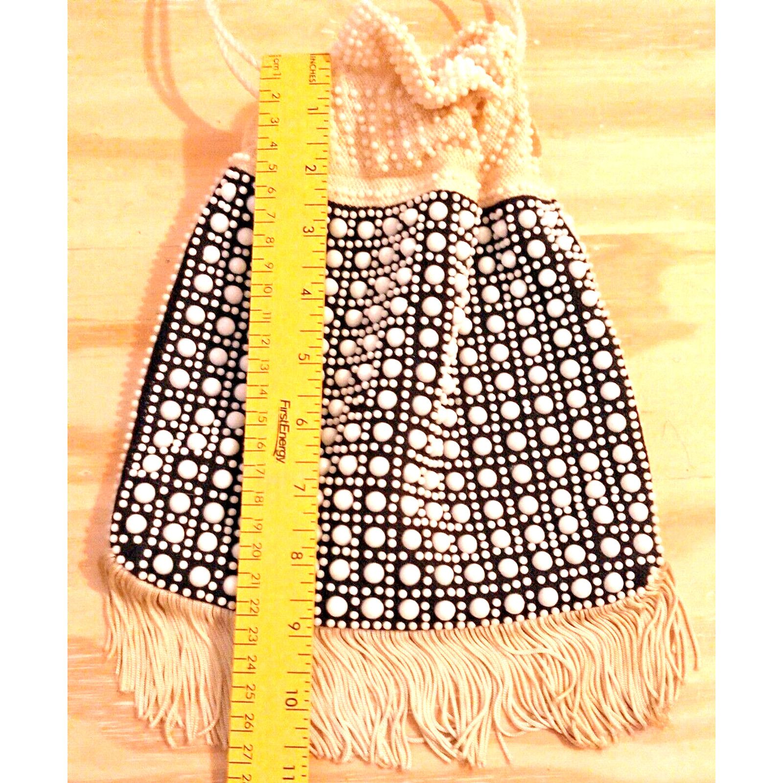 The Unbranded Brand 50s Navy/Wte Fringe Bead Eve. Bag Drawstring Polycord Handle Size ONE SIZE - 2 Thumbnail