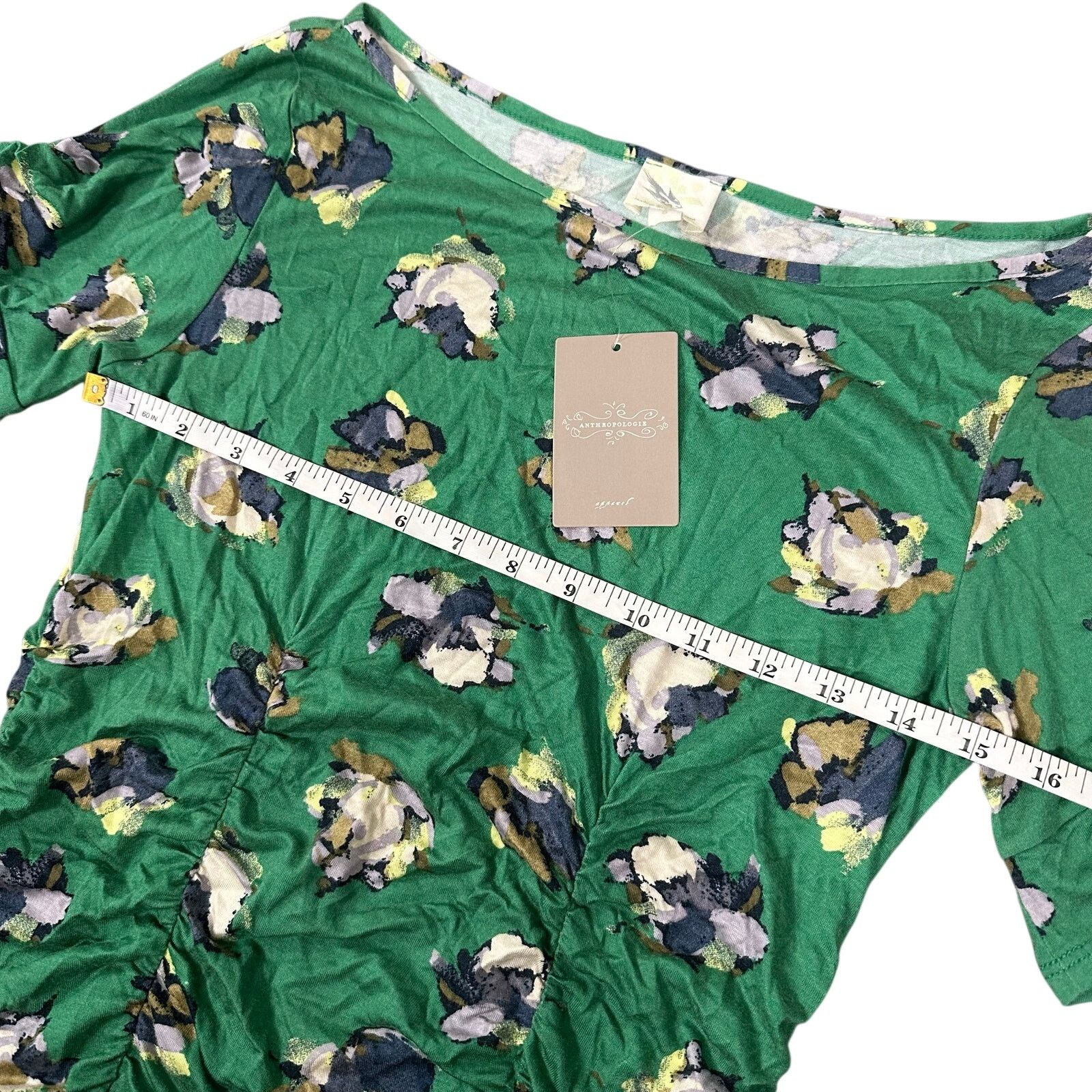 Anthropologie Anthropologie Ruched Floral Short Sleeve Blouse Top Green Size S / US 4 / IT 40 - 3 Thumbnail