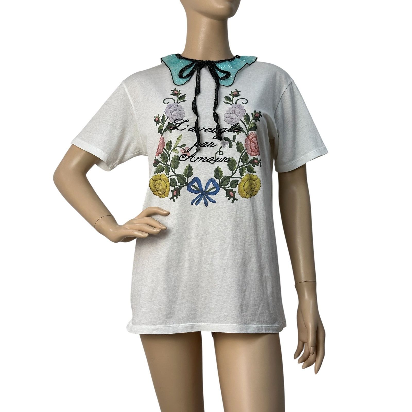 Gucci Gucci Embroidery Sequin Collar T-shirt Top Sz.M Size M / US 6-8 / IT 42-44 - 1 Thumbnail