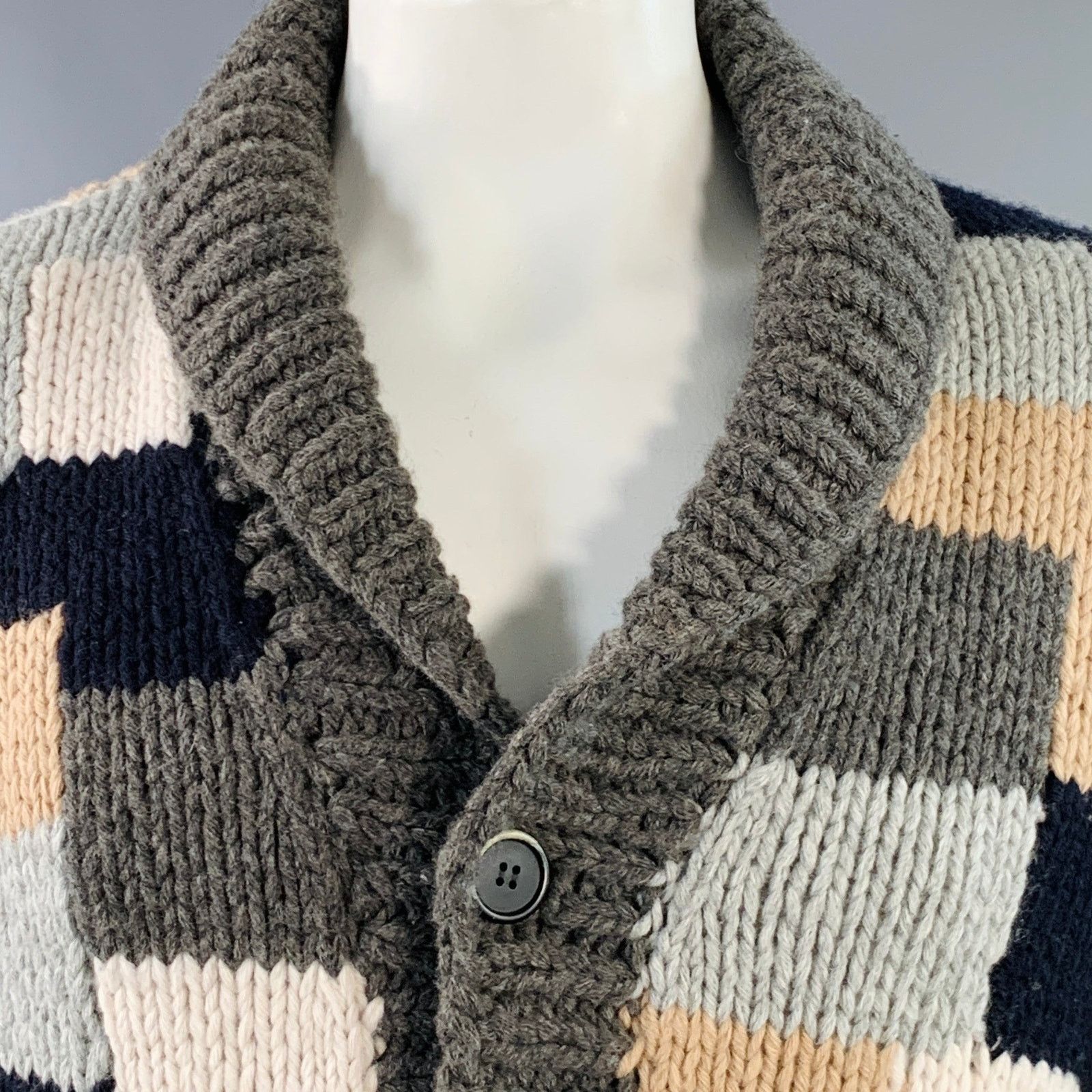 Barena Size XL Grey Brown Patchwork Virgin Shawl Collar Cardigan Size US XL / EU 56 / 4 - 2 Thumbnail