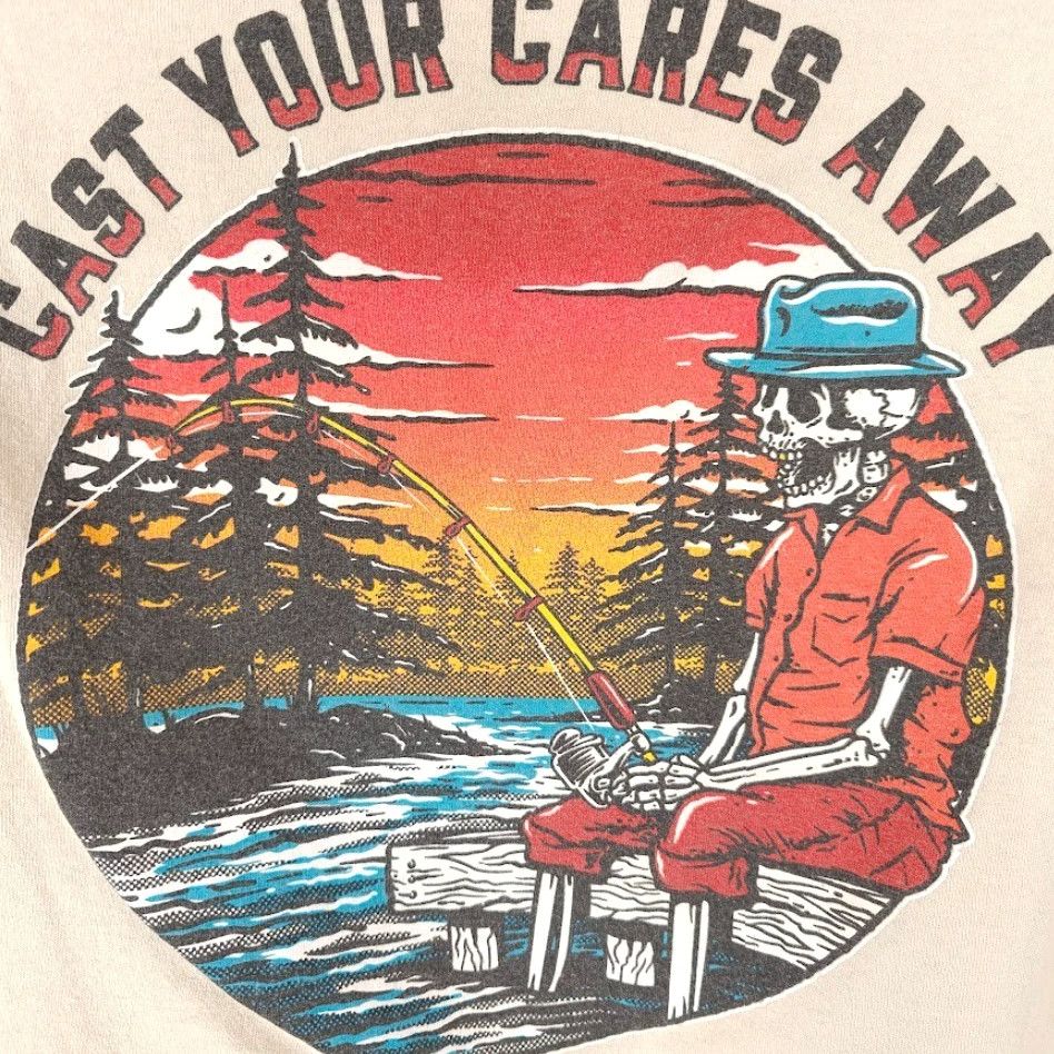Vintage Retrofit Fishing T Shirt Mens Size S Beige Cast Your Cares Away Skeleton Size US S / EU 44-46 / 1 - 5 Thumbnail