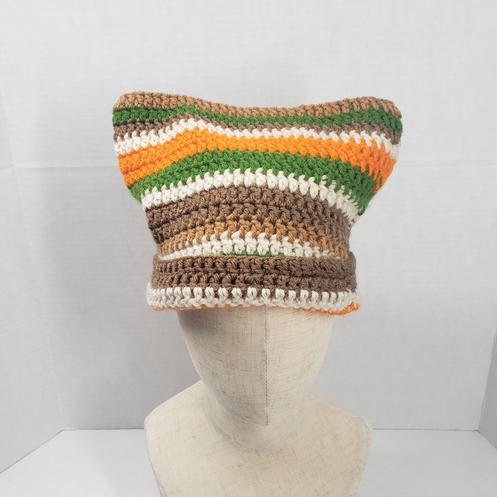 Handmade Cat Ear Beanie Crochet Hat Brown Green Stripe Handmade Knit Size ONE SIZE - 8 Thumbnail