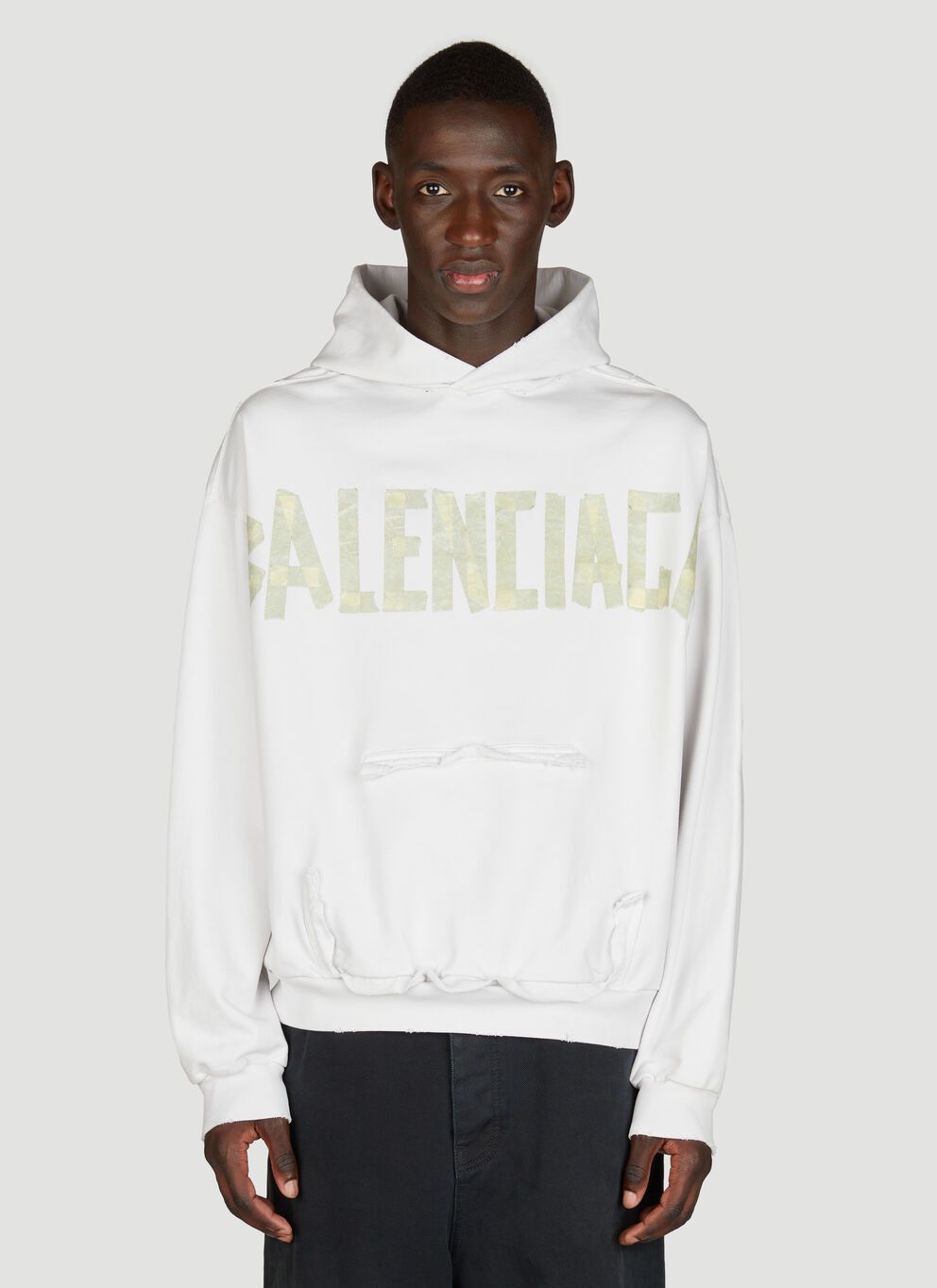 Image of Balenciaga Distressed Logo Print Hooded Sweatshirt in White, Men's (Size 2XL)