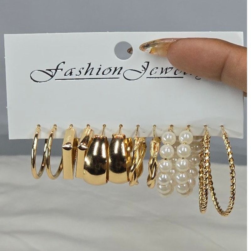 Other 6 Pair Fashion Jewelry Earring Set Gold Hoops Pearls Styles Size ONE SIZE - 1 Thumbnail