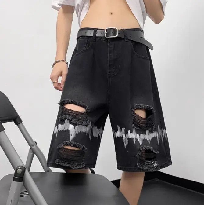 Japanese Brand × Jean Loose graffiti straight leg distressed denim shorts Size US 32 / EU 48 - 1 Thumbnail