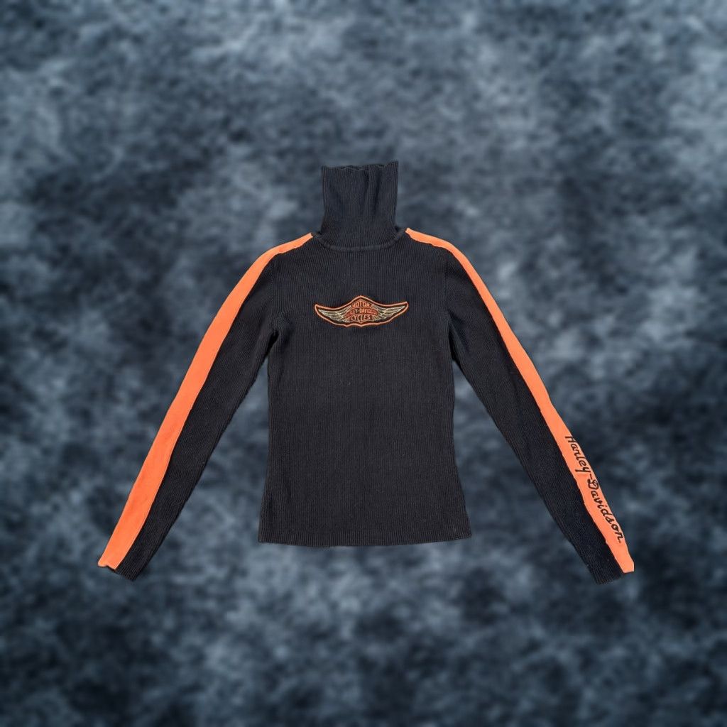 Harley Davidson VINTAGE Harley-Davidson Womens XS Black Turtleneck Sweater Thermal Ribbed Pullover Wings 90s Motorcycle Biker Cotton Mens? Size XS / US 0-2 / IT 36-38 - 1 Thumbnail