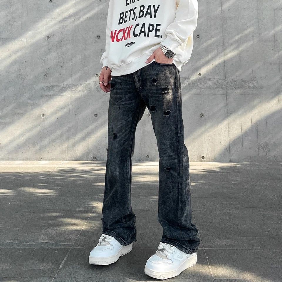 Denime × Japanese Brand Streetwear Ripped Jeans Men Autumn Black Flared Trousers Size US 27 - 3 Thumbnail