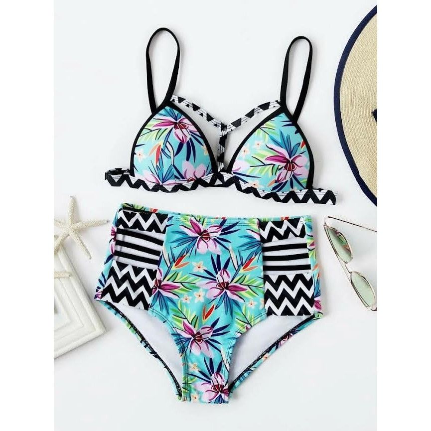Vintage Floral Zigzag Print Bikini Set | NWOT | Push-Up Bra Size ONE SIZE - 1 Thumbnail