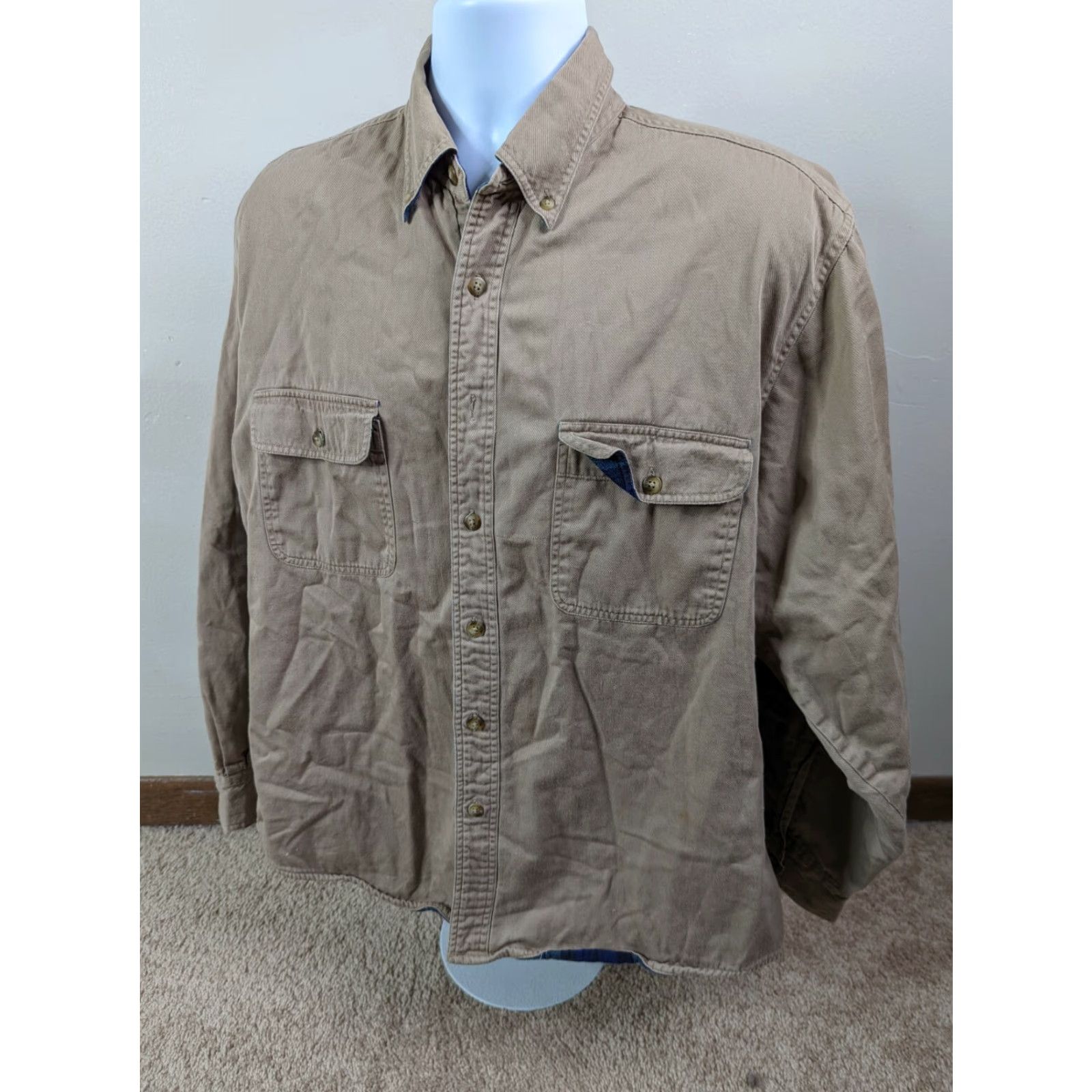 Vintage Gander Mountain Shirt Jacket Mens Large Lined Flannel Cotton Button Up Tan Beige Size US L / EU 52-54 / 3 - 4 Thumbnail