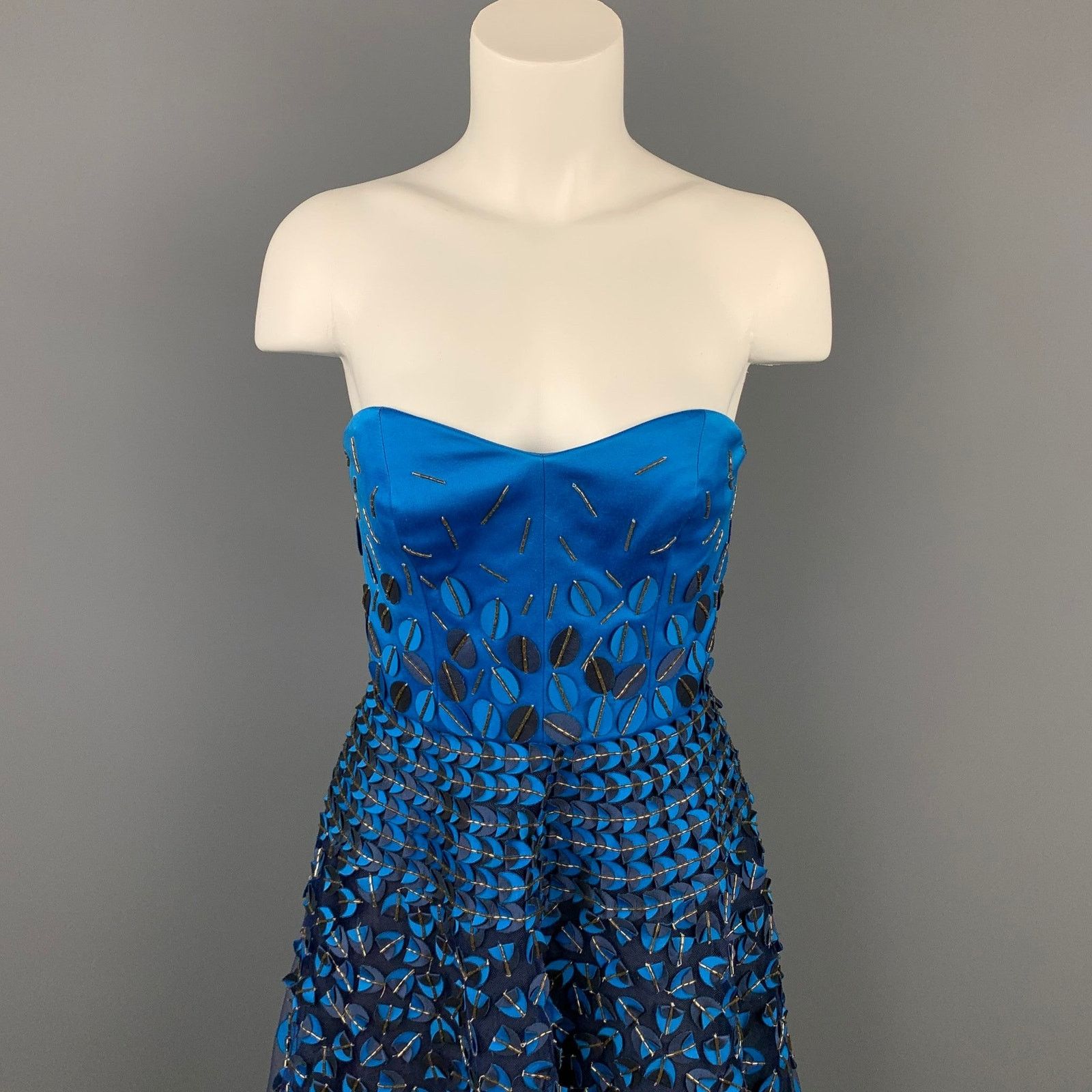 Carolina Herrera Royal Blue & Navy Cotton / Polyester Strapless A-Line Dress Size M / US 6-8 / IT 42-44 - 2 Thumbnail