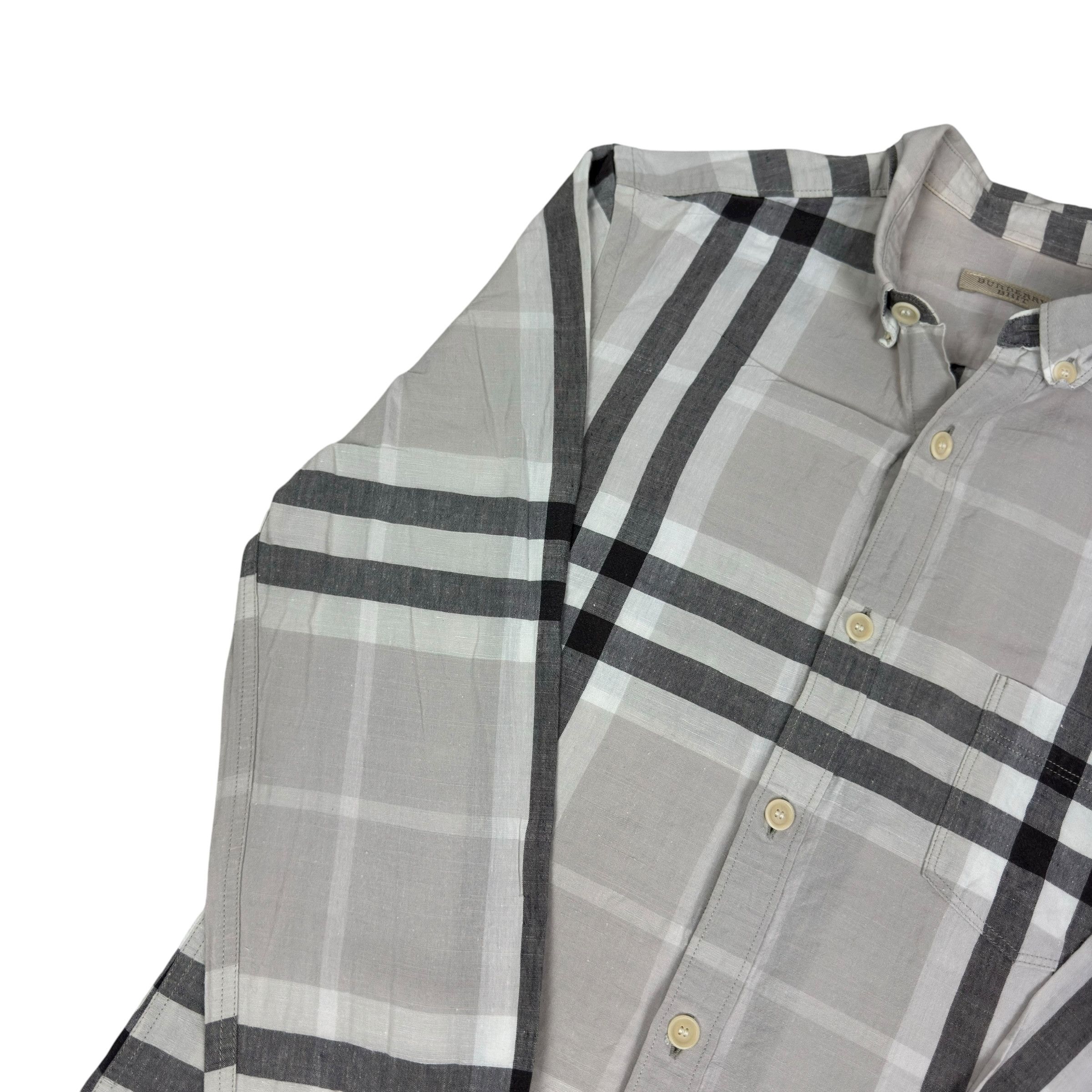 Burberry Burberry Men's Gray Linen Nova Plaid Button-Down Shirt XS Size US XS / EU 42 / 0 - 3 Thumbnail