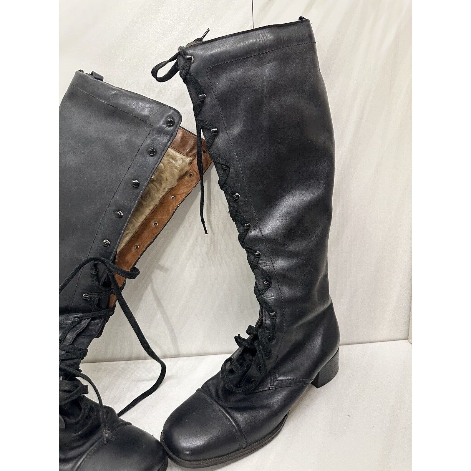 Vintage Vtg Crockett & Jones Corset lace up boots Sherpa Lined Black Size US 5.5 / IT 35.5 - 8 Thumbnail