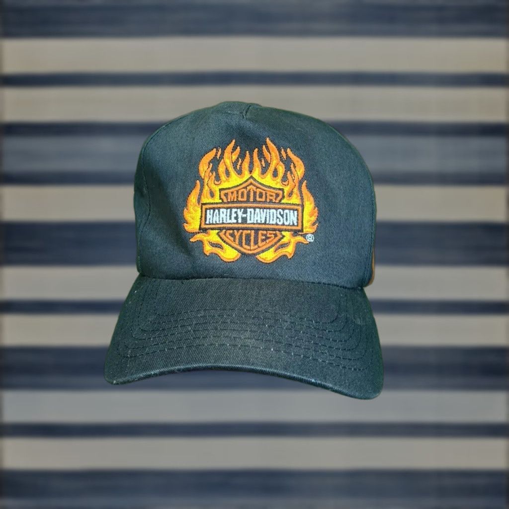 Harley Davidson Harley-Davidson Snapback Hat Flame AOP 90s Vintage Cap Adjustable Strap Mens Adjustable Black Cotton Knit Hat Size ONE SIZE - 1 Thumbnail