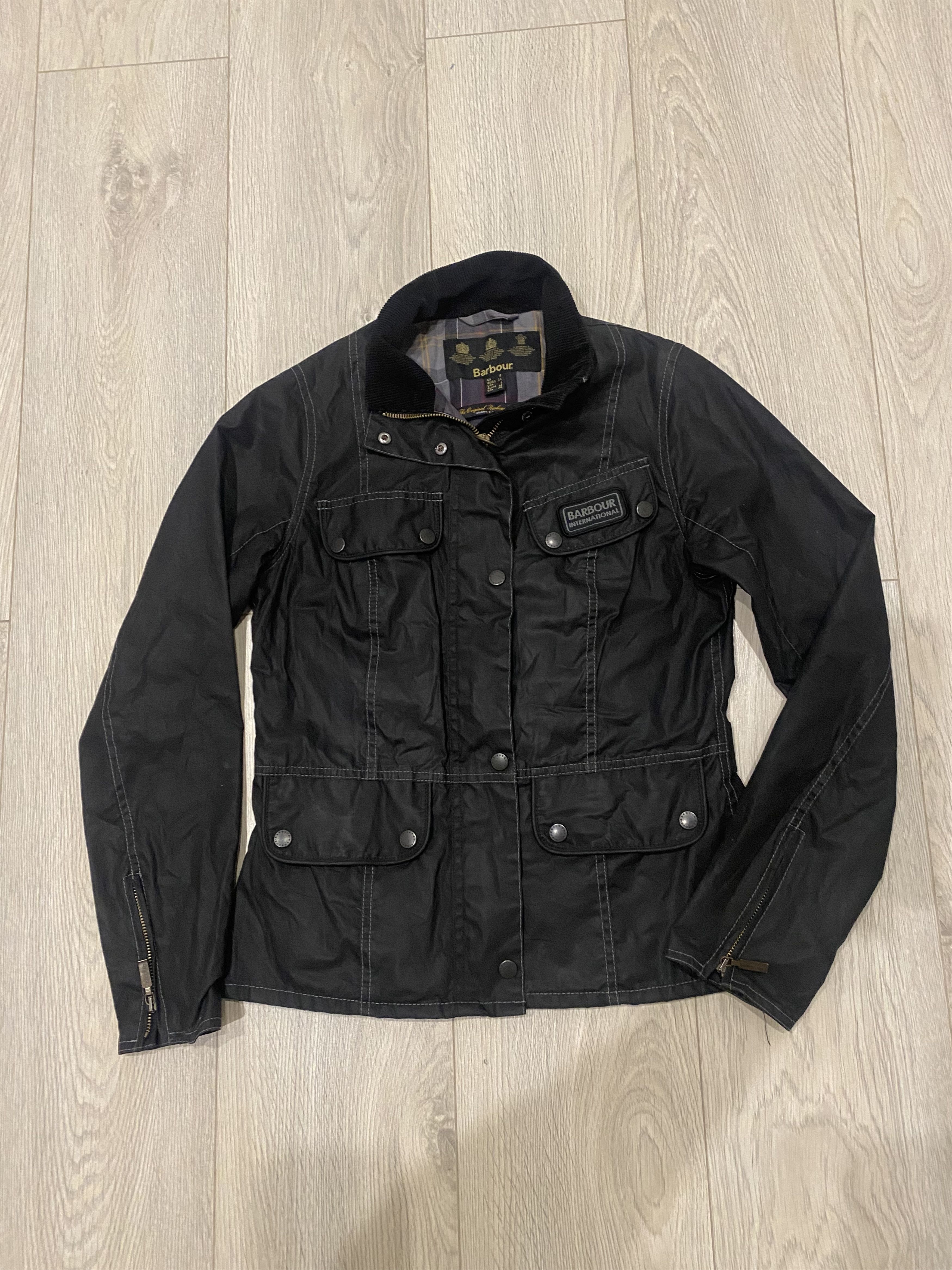 image of Barbour International Waxed Antique National Jacket in Black, Women's (Size Small)