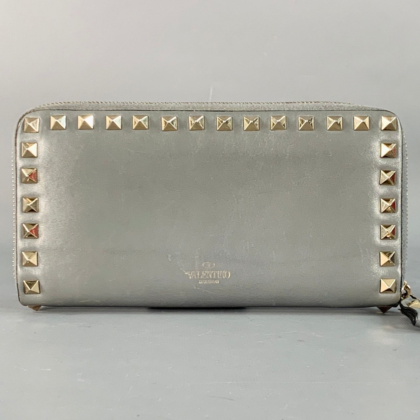 Valentino Rockstud Grey Gold Studded Leather Checkbook Wallet Size ONE SIZE - 1 Thumbnail
