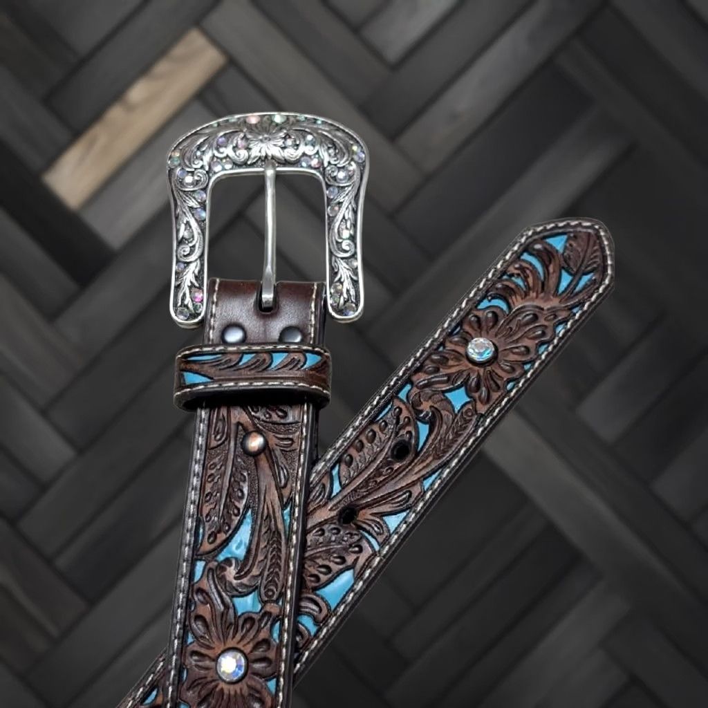 Ariat VINTAGE Ariat western belt TOOLED leather 38 brown floral cut-out rhinestone studded buckle western belt for Unisex Adults Mens Womens Size 38 - 1 Thumbnail