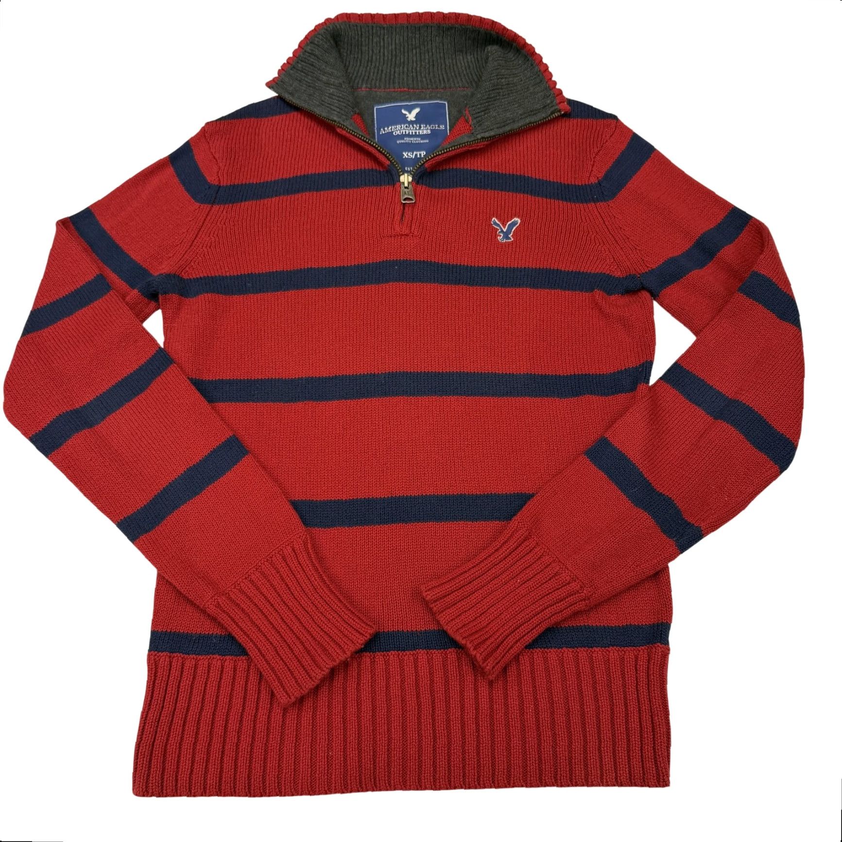 American Eagle Outfitters Rugby Striped 1/4 Zip Pullover Adult XS American Eagle Outfitters Knit Mock Neck Sweater Long Sleeve Casual Red Mens XS Size US XS / EU 42 / 0 - 2 Thumbnail