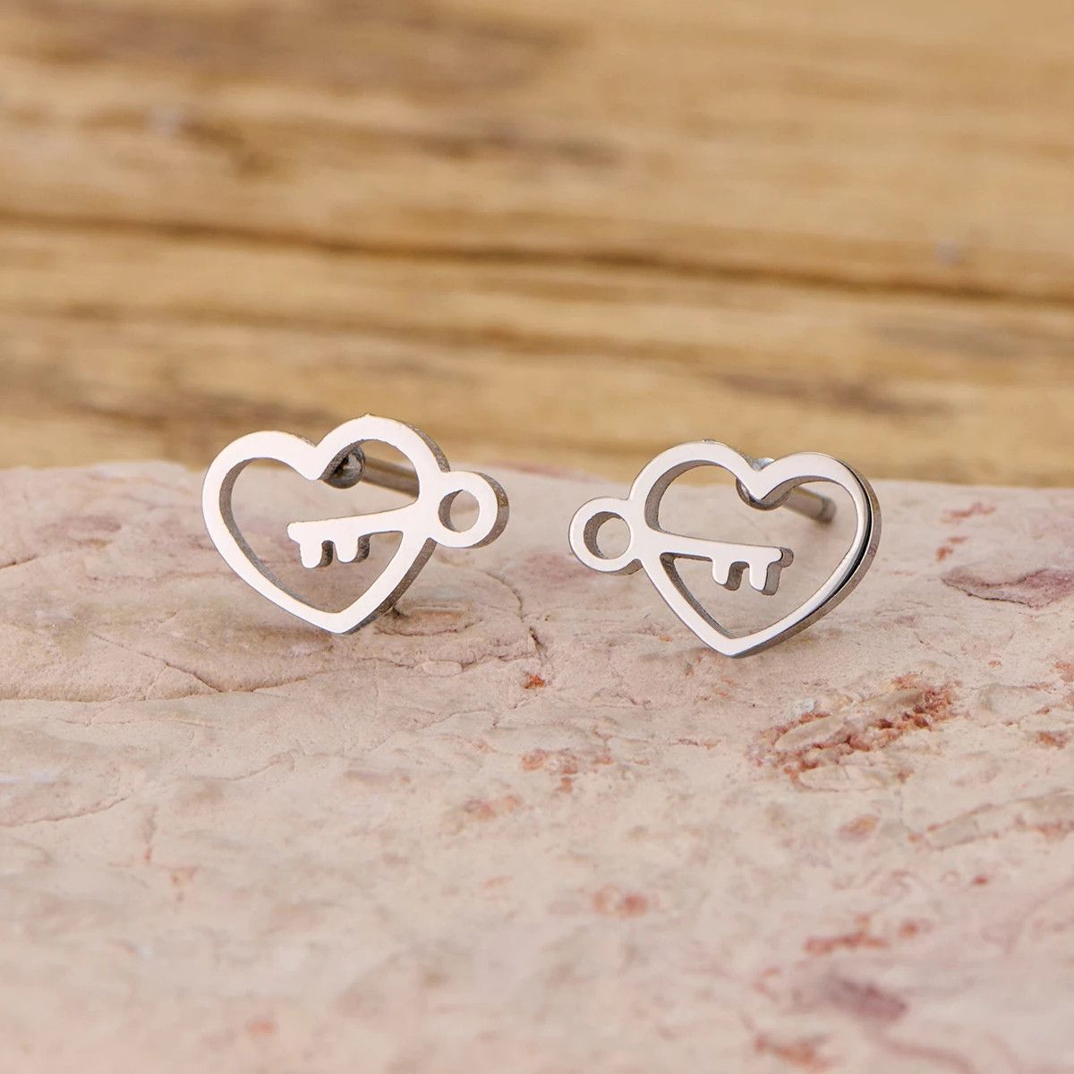 Jewelry Heart Key Mini Stud Earrings Charm Earring Gift Size ONE SIZE - 1 Preview