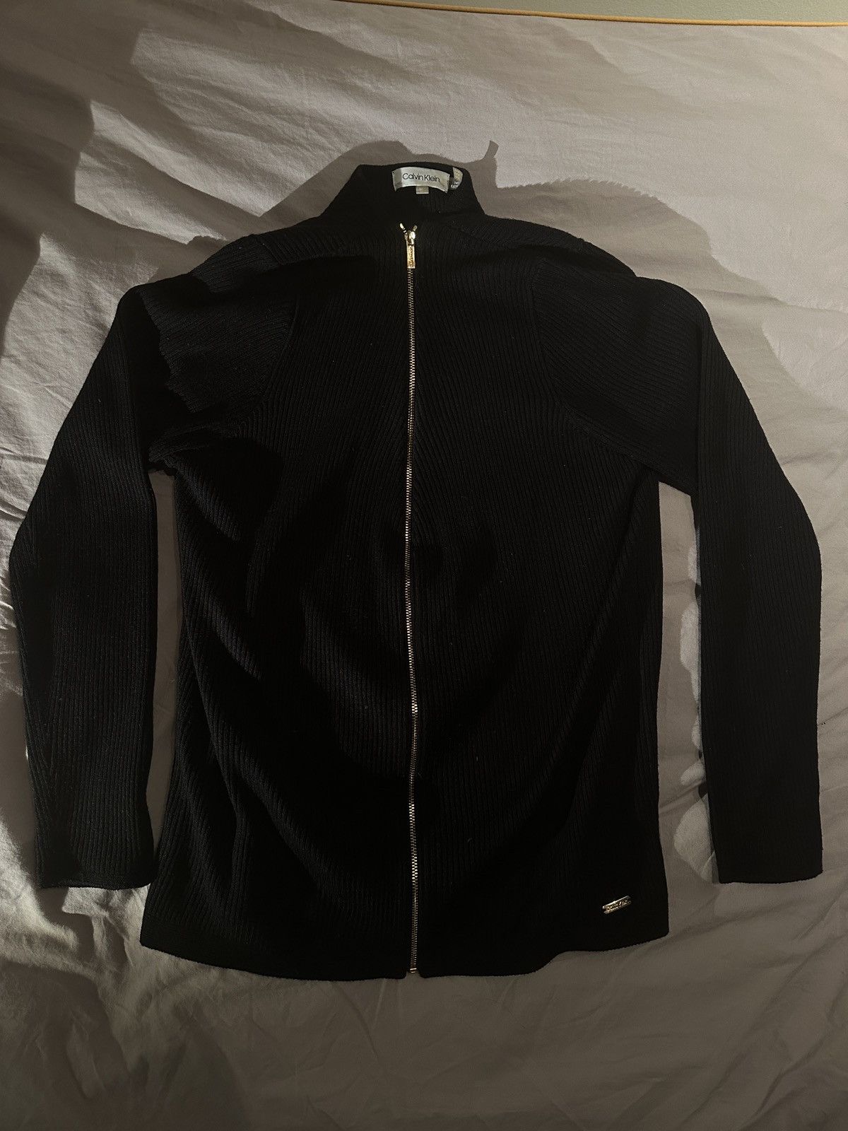 Calvin Klein Gold Accent Ribbed Zip-Up Cardigan Size M / US 6-8 / IT 42-44 - 1 Thumbnail