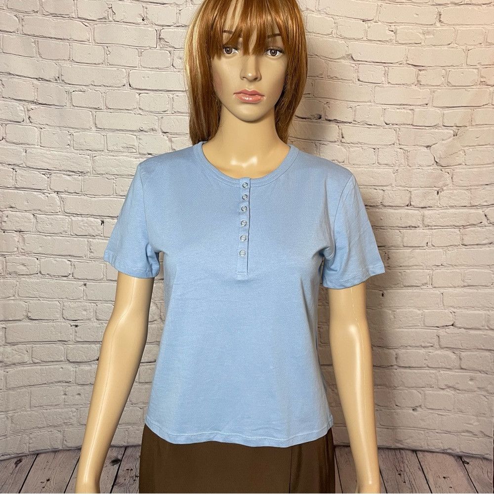 Zara New Zara Henley Blue Cotton short Sleeve Shirt Size M Size M / US 6-8 / IT 42-44 - 3 Thumbnail