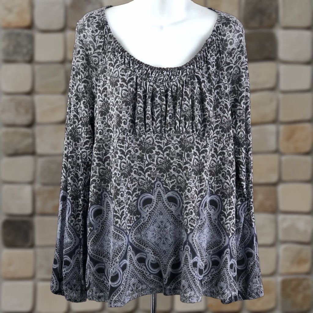 Vintage VINTAGE Liz Wear Blouse 2XL Gray Geometric Balloon Long Sleeve Pleated Scoop Neck Boho Shirt Womens Size XXL / US 16-18 / IT 52-54 - 1 Thumbnail