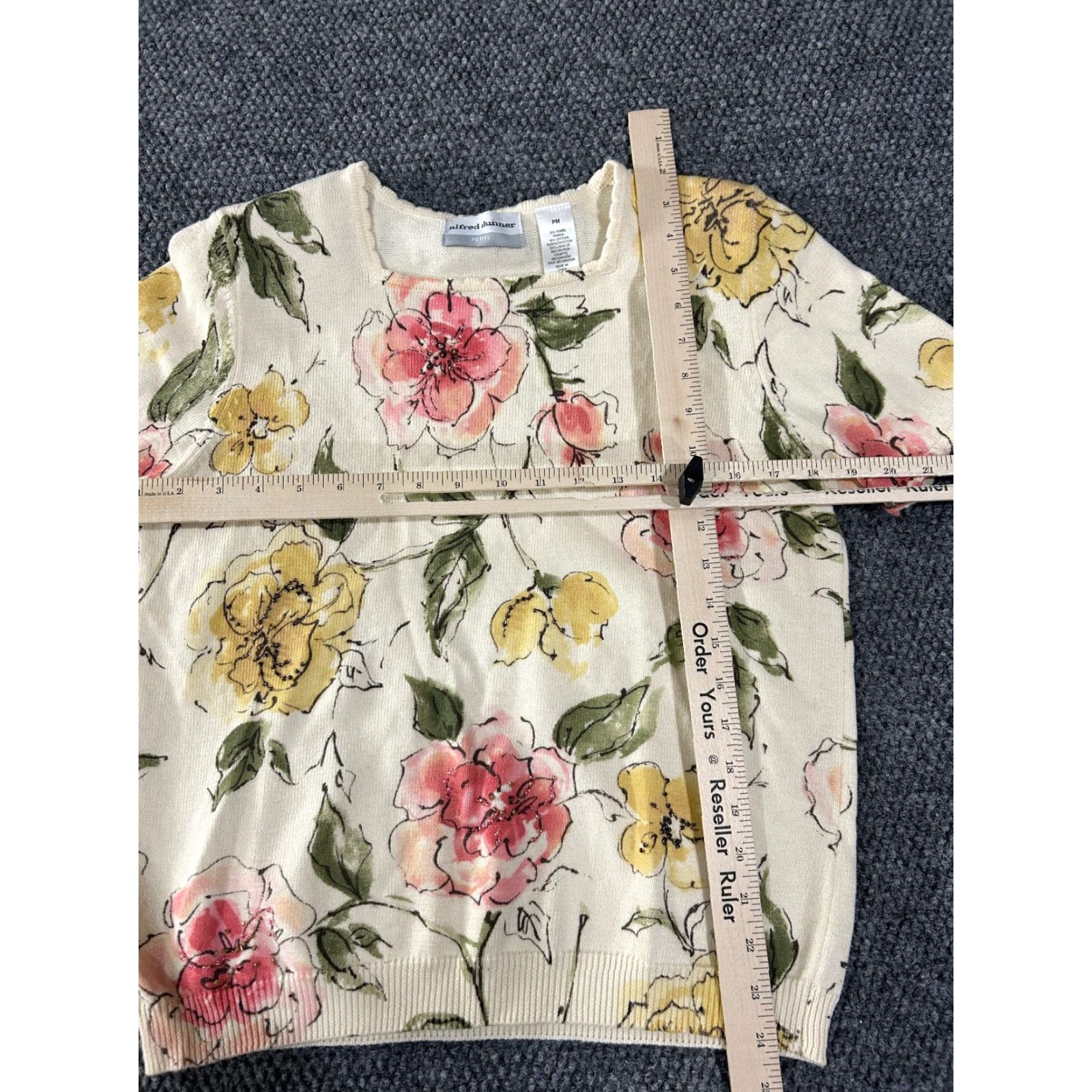 Vintage Alfred Dunner Blouse Womens Petite Medium Beige Floral Short Sleeve Crew Neck Pullover Knit Cotton Ramie Regular Stretch Vintage No N/A Size M / US 6-8 / IT 42-44 - 4 Thumbnail