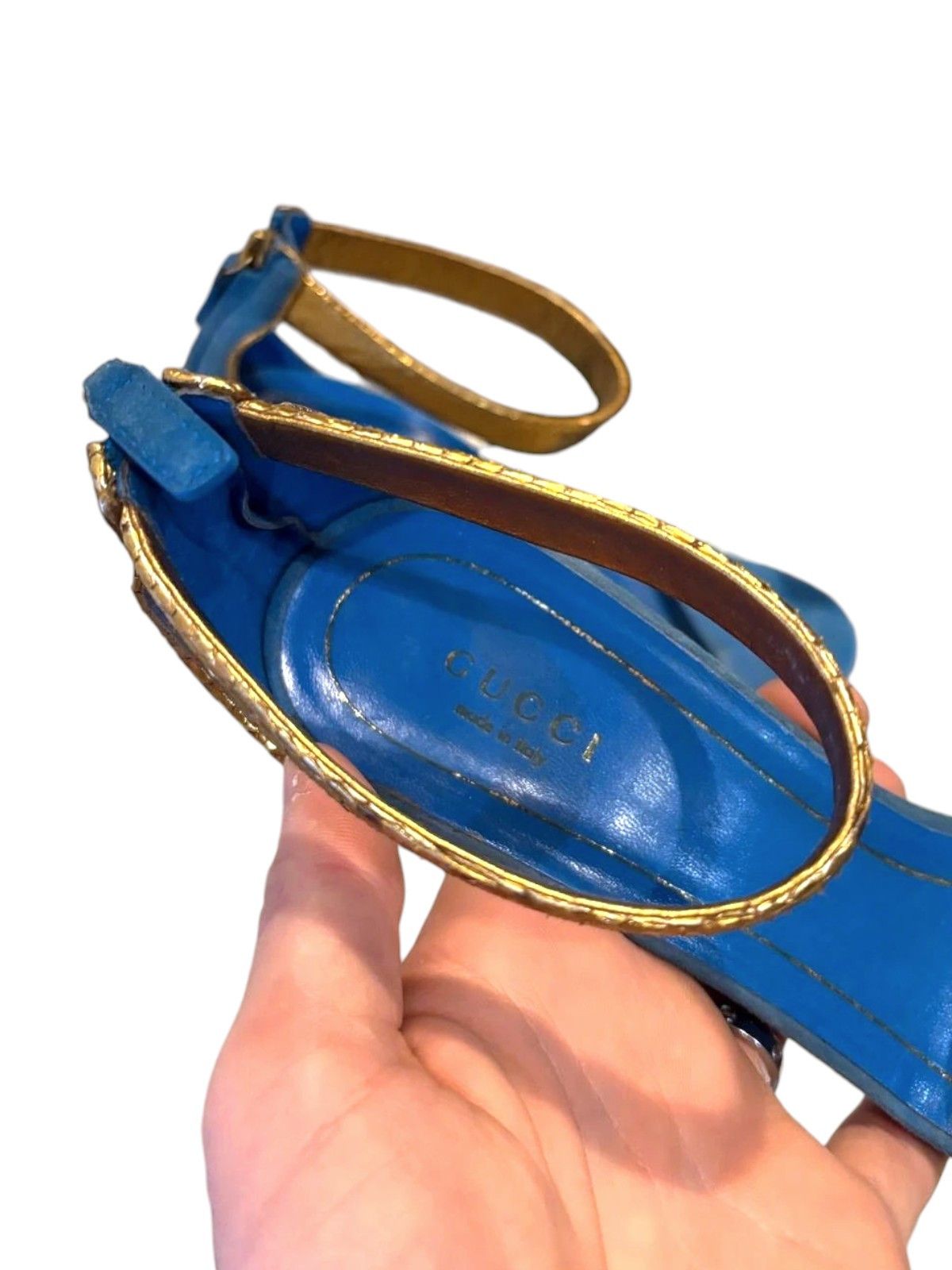 Gucci × Tom Ford Tom Ford Gucci Blue Suede and Gold Snakeskin Sandals Size US 7.5 / IT 37.5 - 3 Thumbnail
